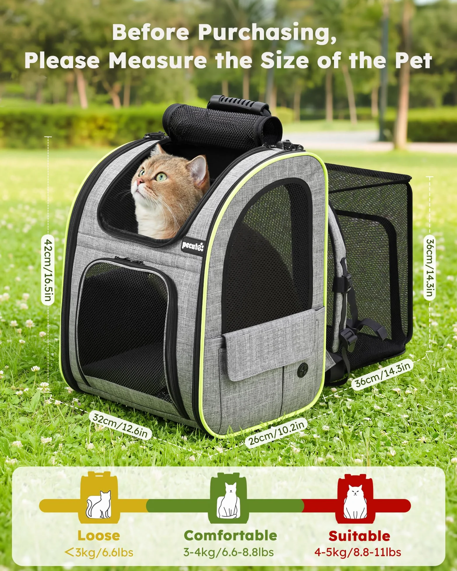 Pecute nosidełko dla kota i psa, rozszerzane, przenośne, oddychający plecak z przednimi kieszeniami okiennymi z siatki, wysuwane plecy, więcej miejsca, idealny do przenoszenia szczeniaków, psów, kotów do 10 kg