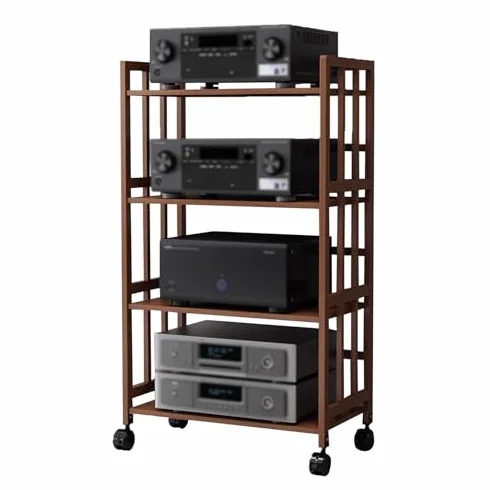 4-poziomowa szafka stereo z kółkami – stojak audio AV Media Tower stojak do przechowywania kina domowego CD zapewnia wydajną nizację i łatwy dostęp do domowych systemów stereo