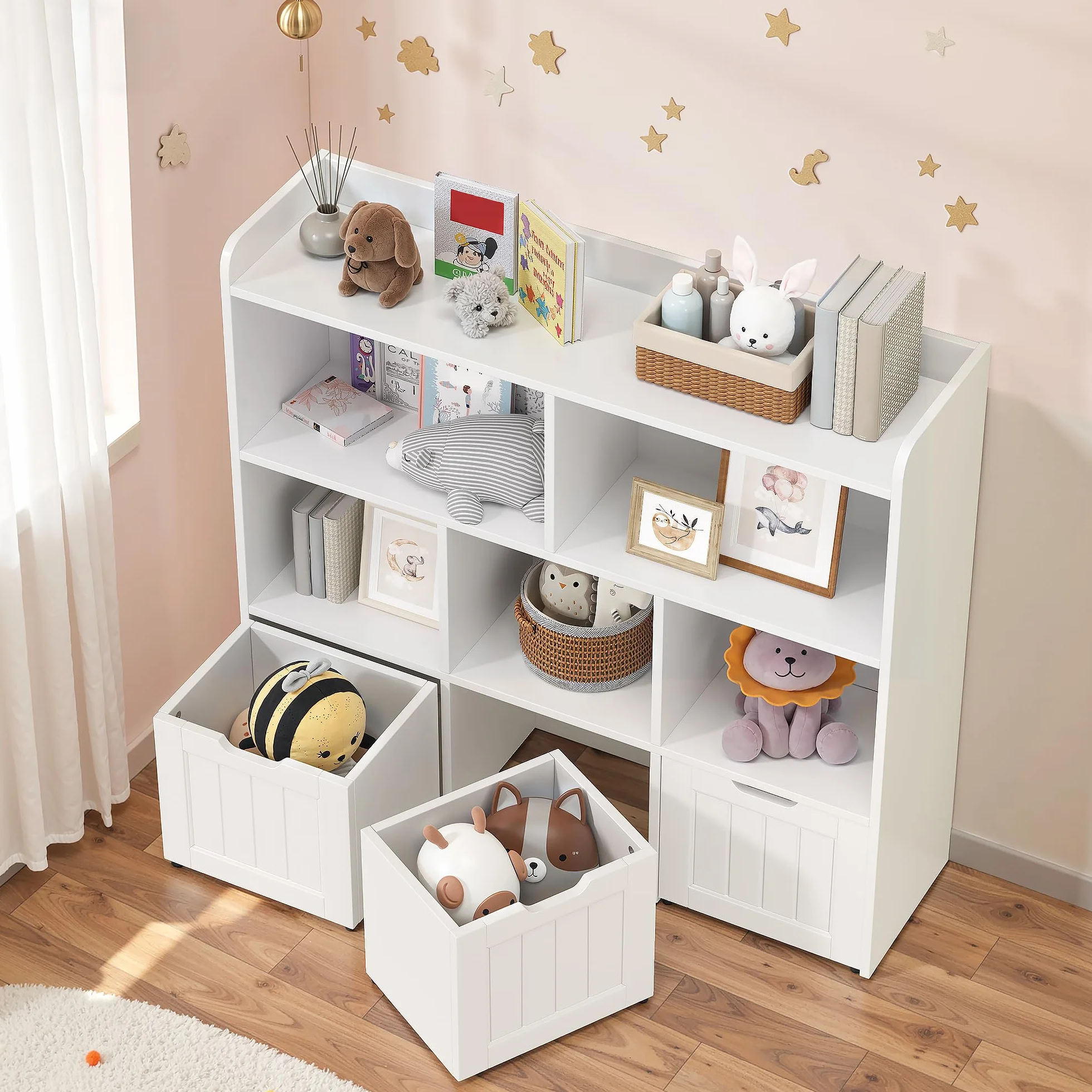 Xbro Półka na Przedmioty dla Dzieci z 3 Szufladami na Kółkach i 5 Półkami Otwartymi, Regał na Książki i Zabawki, MDF, 100x30x91 cm, Biały