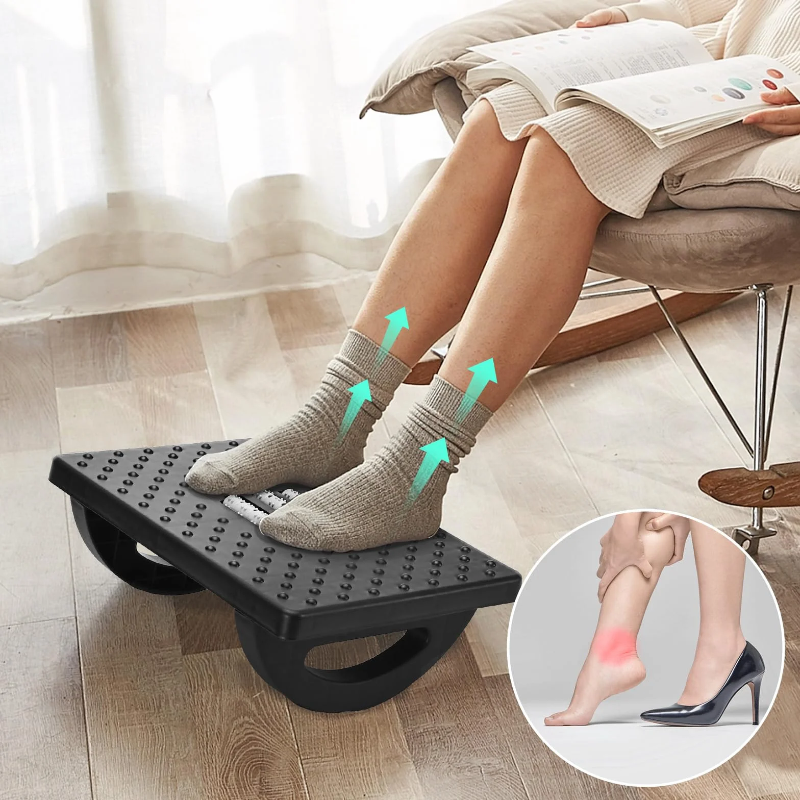 Komfortowy podnóżek biurkowy z ergonomiczną poduszką z tworzywa sztucznego i punktami masażu dla najwyższego komfortu biurowego