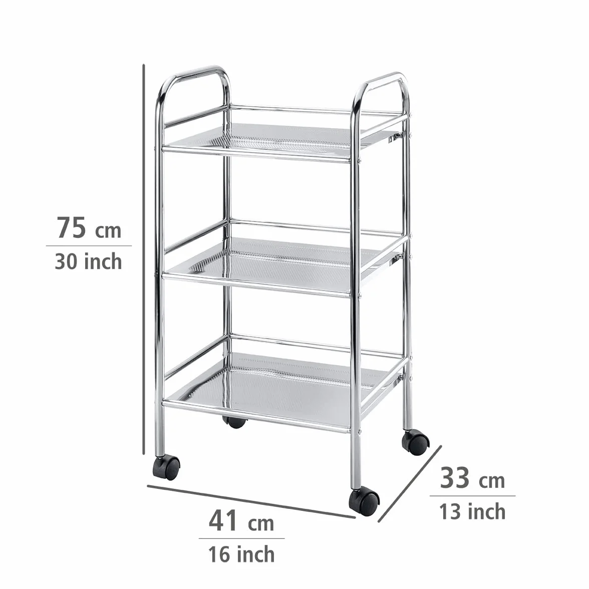 WENKO 12285100 Ekskluzywny wózek do użytku domowego i łazienkowego – mobilny stojak łazienkowy, 3 półki, stal, 41 x 75 x 32 cm, chrom