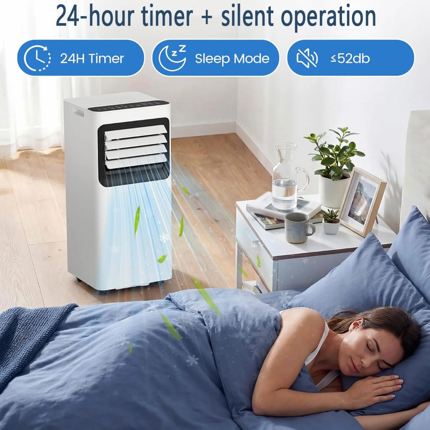 Przenośny klimatyzator, 350 Sq Ft Smart AC Unit w/Remote & 24H Timer, Cichy wentylator osuszający do biura sypialni, łatwy do przenoszenia kółka, oszczędzanie energii z zestawem instalacyjnym