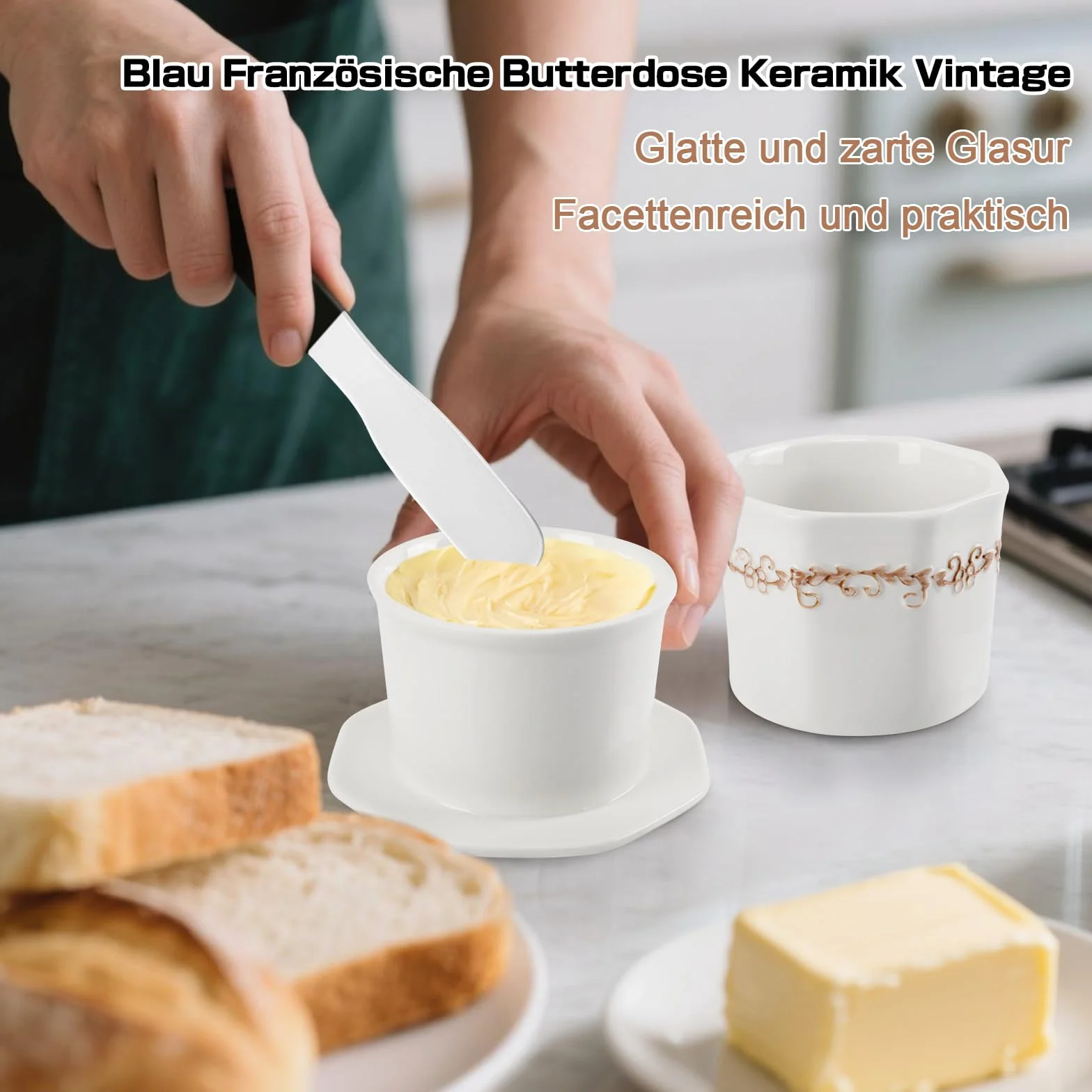 Miska do masła z ceramiki HNCY, 250g Francuska miska do masła, francuski dzban do masła chłodzony wodą z ceramicznym nożem, francuska miska do masła chłodzonego wodą 250g, świąteczny prezent dla