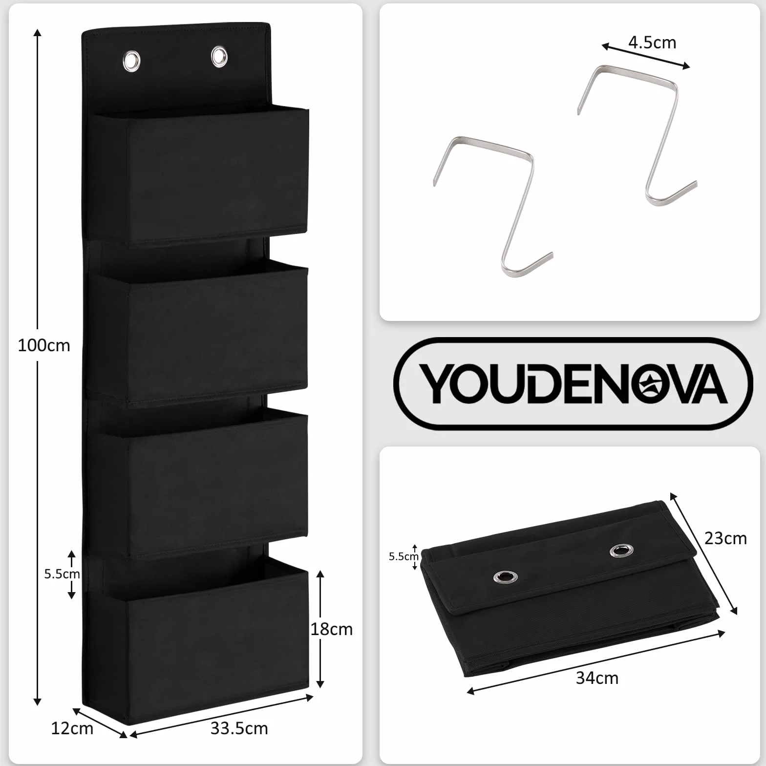 YOUDENOVA Wiszący organizer na drzwi, organizer wiszący z 4 kieszeniami i 2 metalowymi haczykami, regał wiszący, stabilny organizer na ubrania, do łazienki, sypialni, pokoju dziecięcego, czarny
