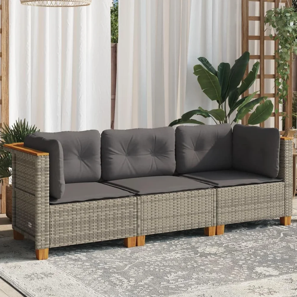 vidaXL 3-osobowa sofa ogrodowa z poduszkami, szara, polirattan, kanapa ogrodowa, siedzisko ogrodowe, sofa 3 osobowa, kanapy ogrodowe