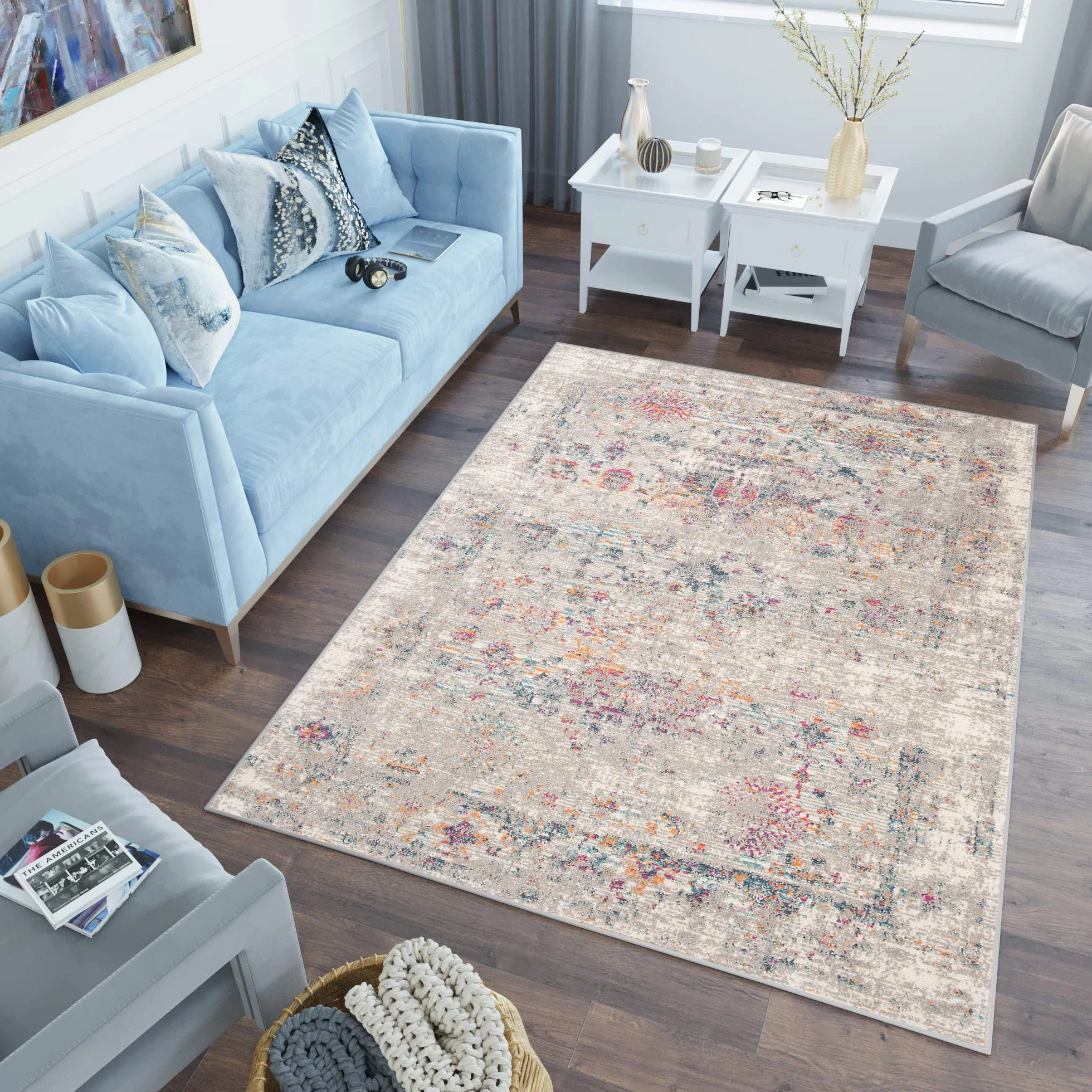 Tapiso Lazur dywan z krótkim włosiem, szary, różowy, niebieski, pomarańczowy, kremowy, klasyczny, orientalny, do salonu, sypialni, Ökotex 140 x 190 cm