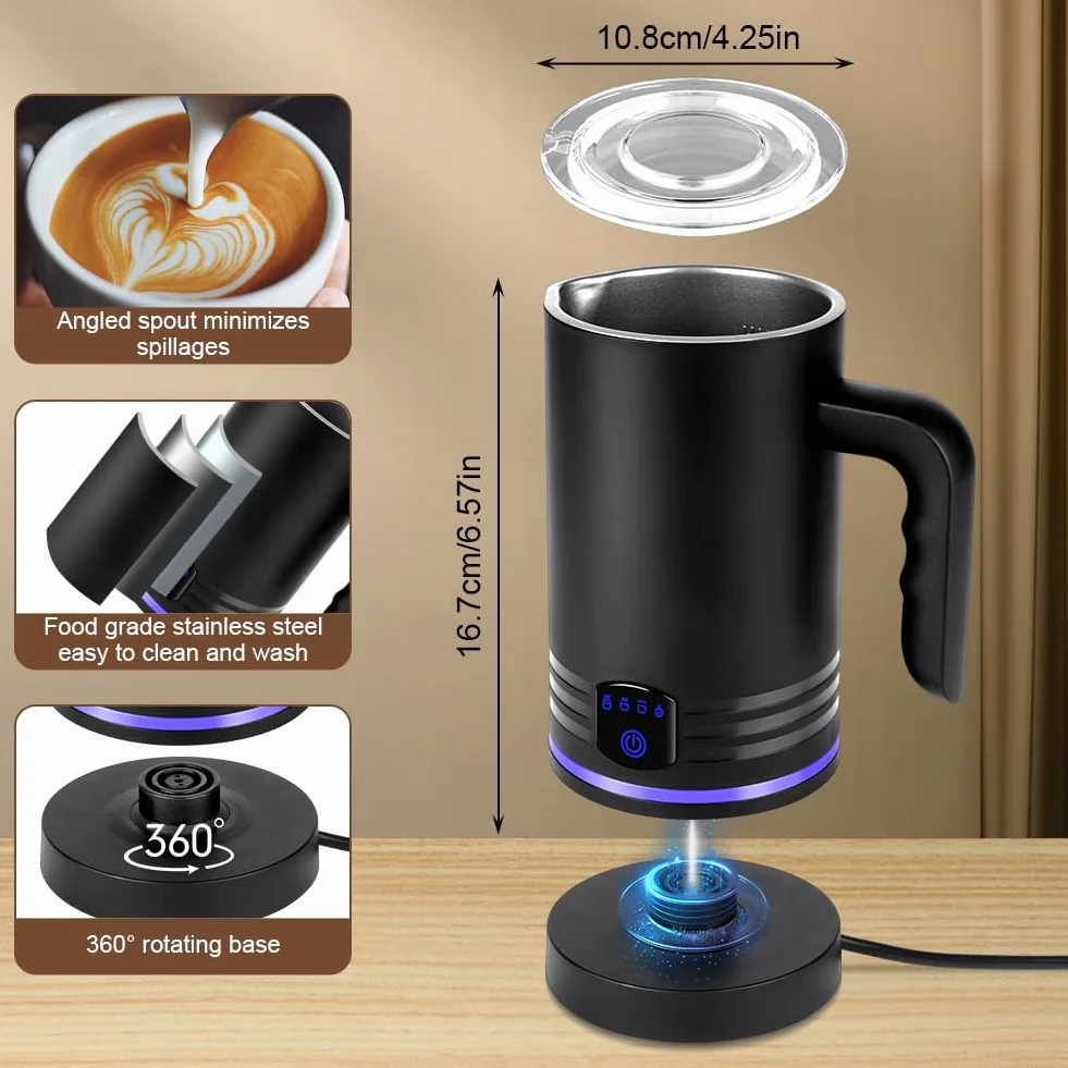 HOTUT Elektryczny spieniacz do mleka, automatyczny spieniacz do mleka 4 w 1, cichy spieniacz do mleka 430 ml, stal nierdzewna 400 W, do kawy, latte, cappuccino, mleka czekoladowego