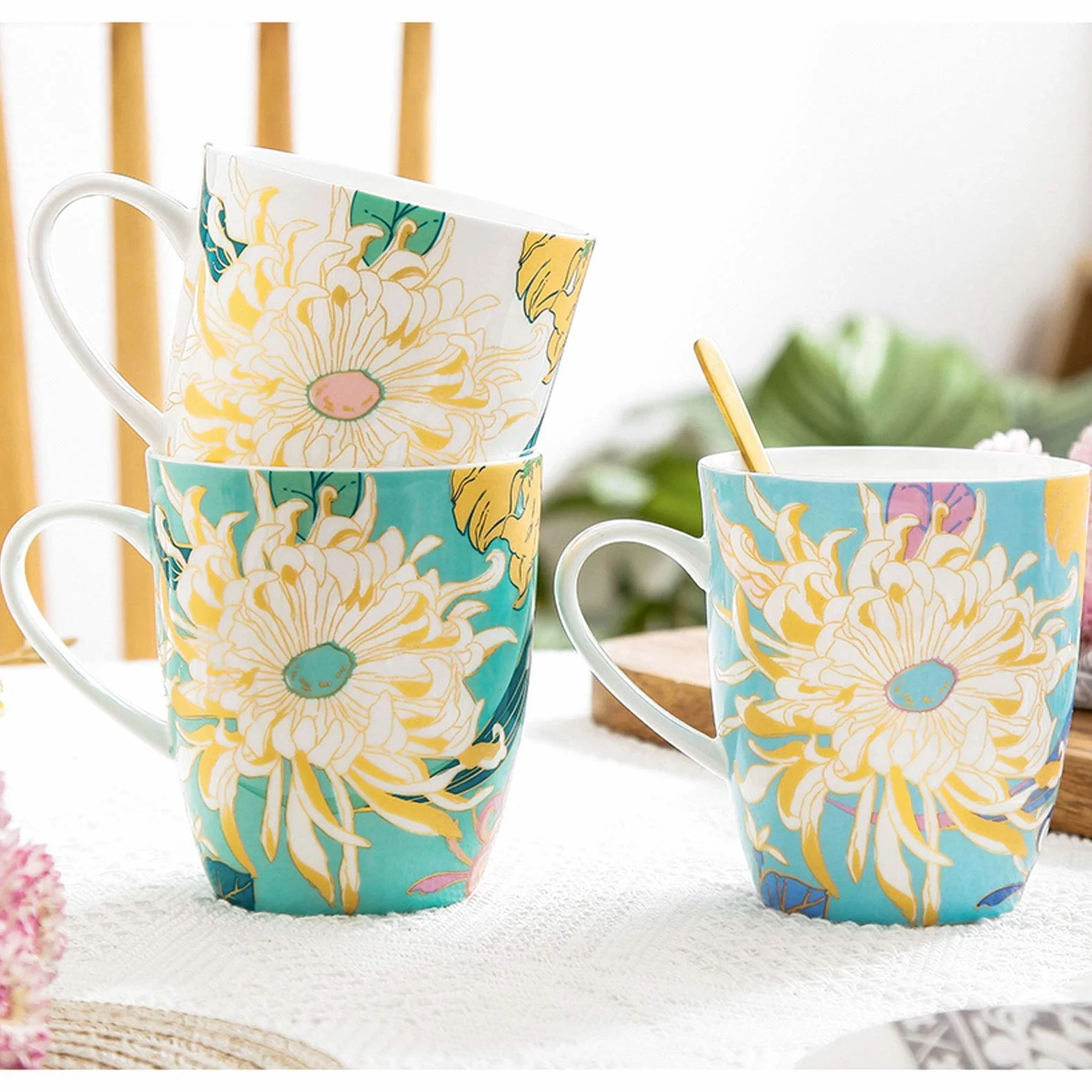 Filiżanki do kawy, kubek elegancka chryzantema seria lukier cenny kolor kości porcelana kubek mleko kubek śniadanie kubek światło luksus ręcznie malowany romantyczny wzór popołudnie herbata 400 ml