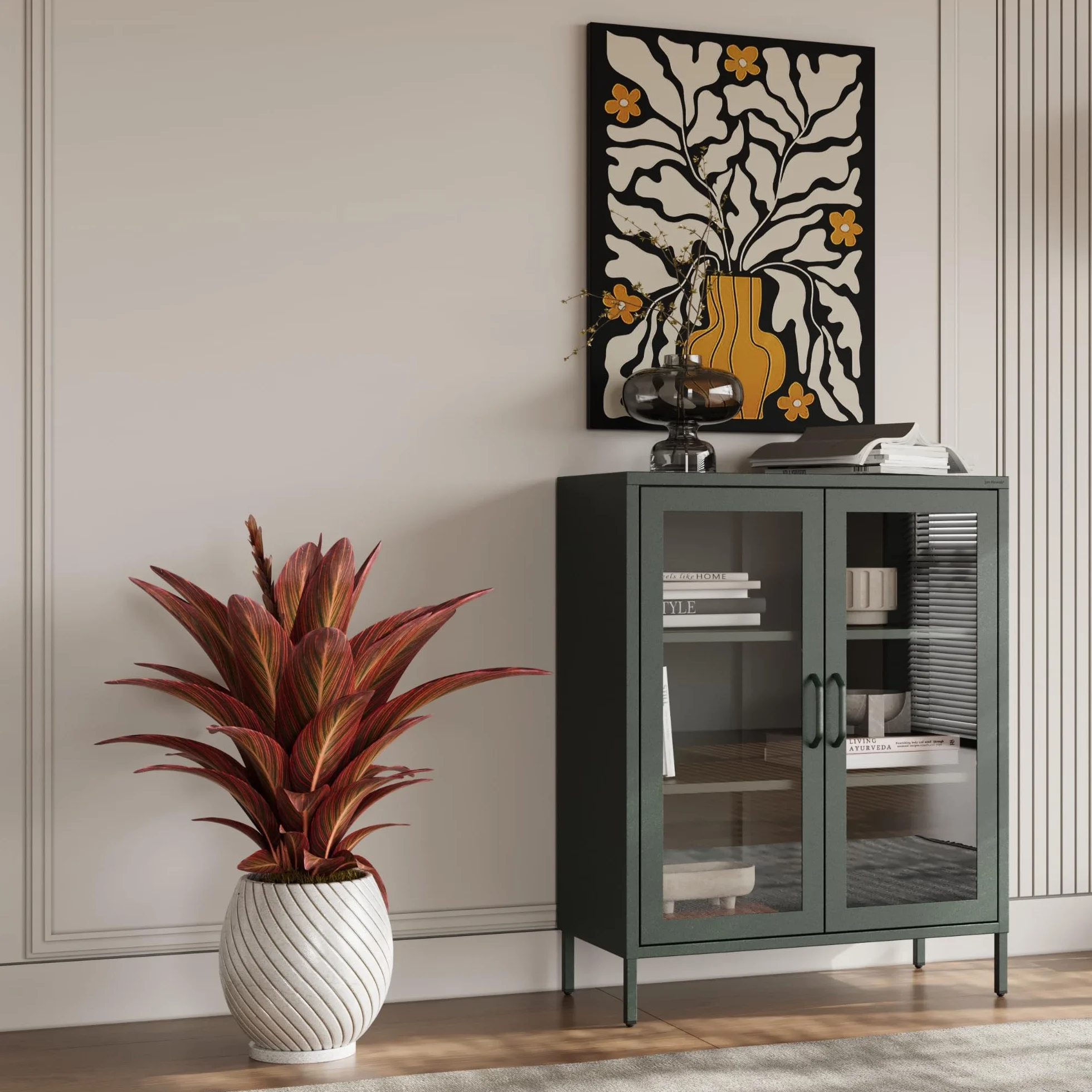 Jan Nowak Witryna Przeszklona Metalowa Modern GINA | Szafka Niska Witryna Dwudrzwiowa z Regulowanymi Półkami Industrialna Hartowane Szkło Montaż Ścienny | 80 x 101,5 x 40 cm | Butelkowa Zieleń