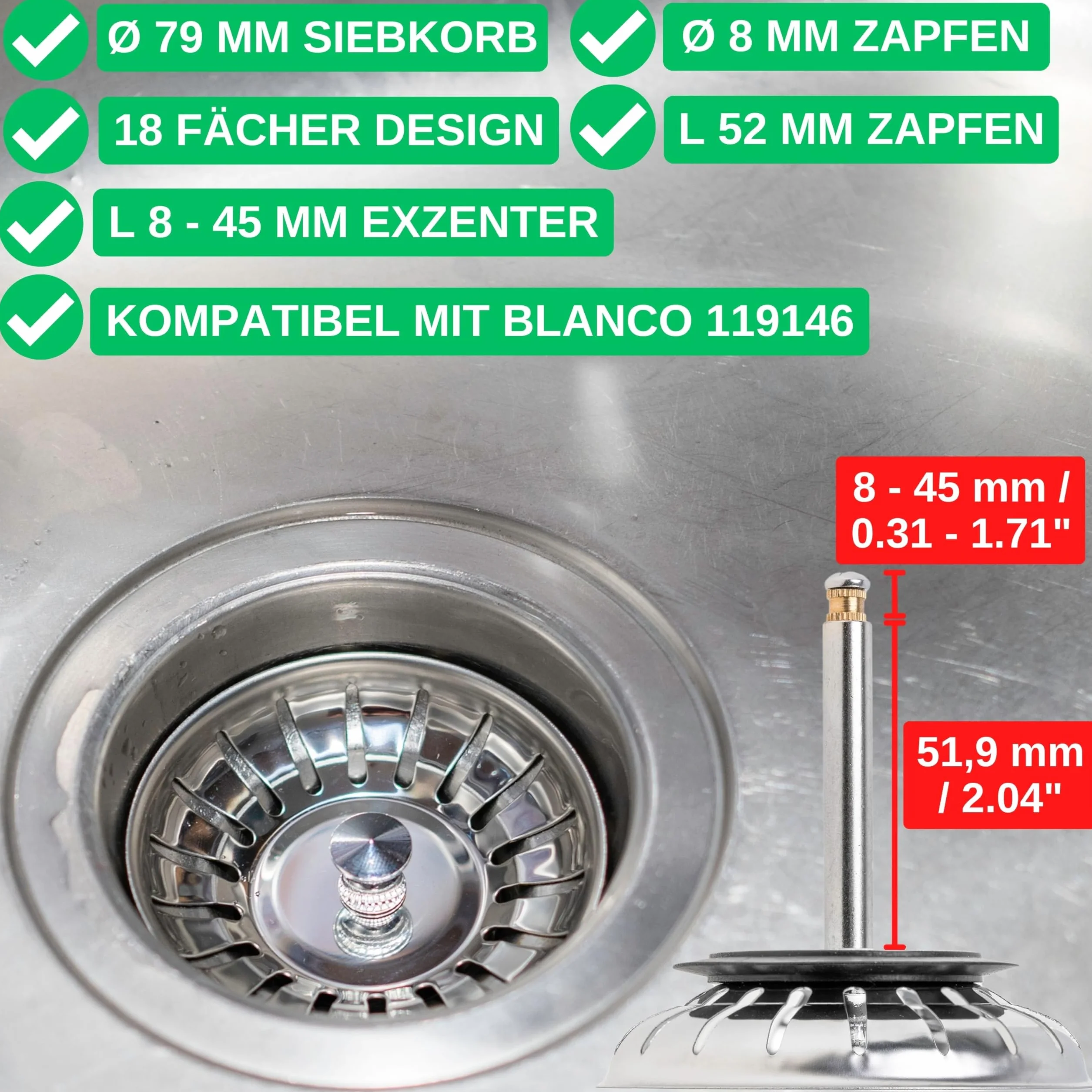 Sitko do zlewu kuchennego, Ø 79 mm, kompatybilny z Blanco 119146, kosz sitkowy 3,5" z 18 rowkami, trzpień mimośrodowy 52-97 mm, trzpień Ø 8 mm, część zamienna do zlewu, wkładka sitko do zlewu, funkcja