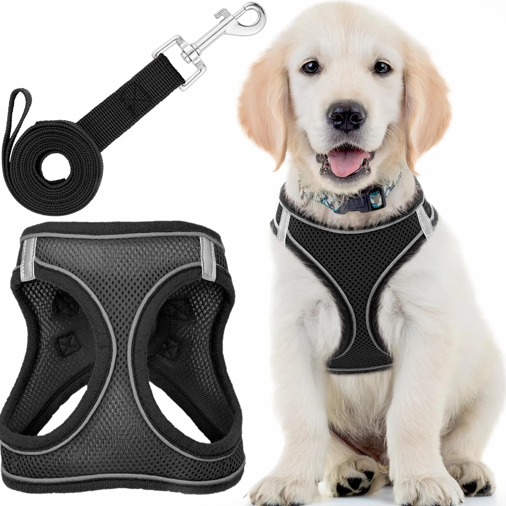 EcoEarth Dog Harness and Leash Set Large Black Soft Padded No Pull Reflective for Small Medium Dogs