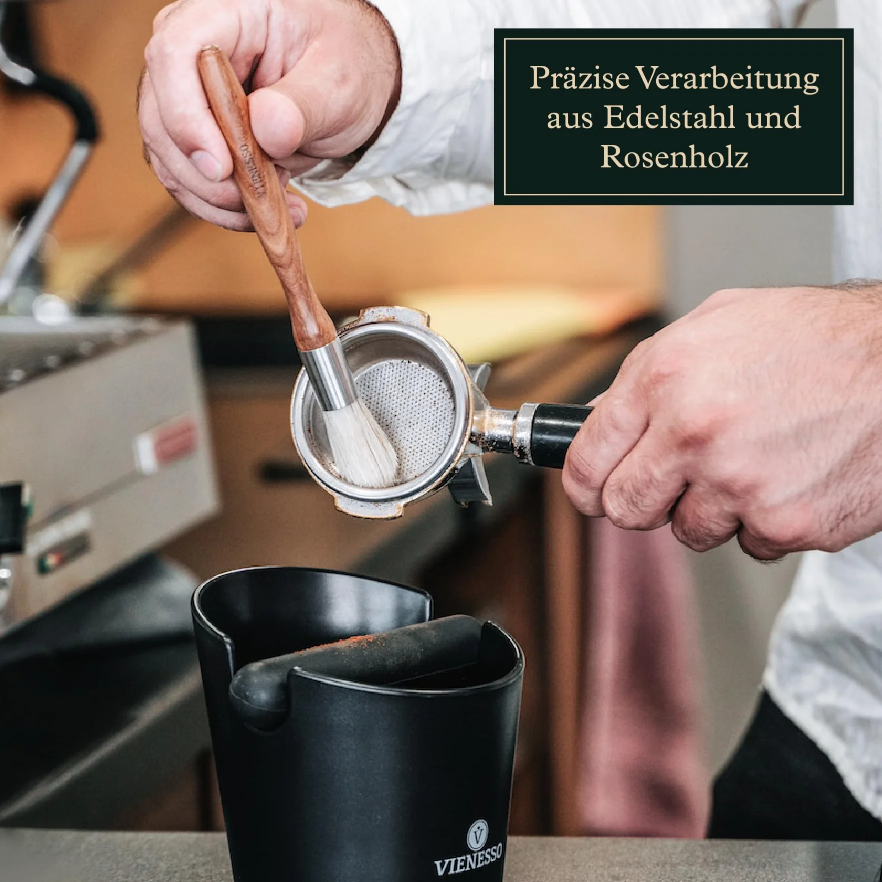 Barista pędzel do młynka do kawy, sitko i akcesoria do kawy – szlachetna szczotka do kawy z drewnianym uchwytem i twardym włosiem + e-book Barista (brązowy, 18)