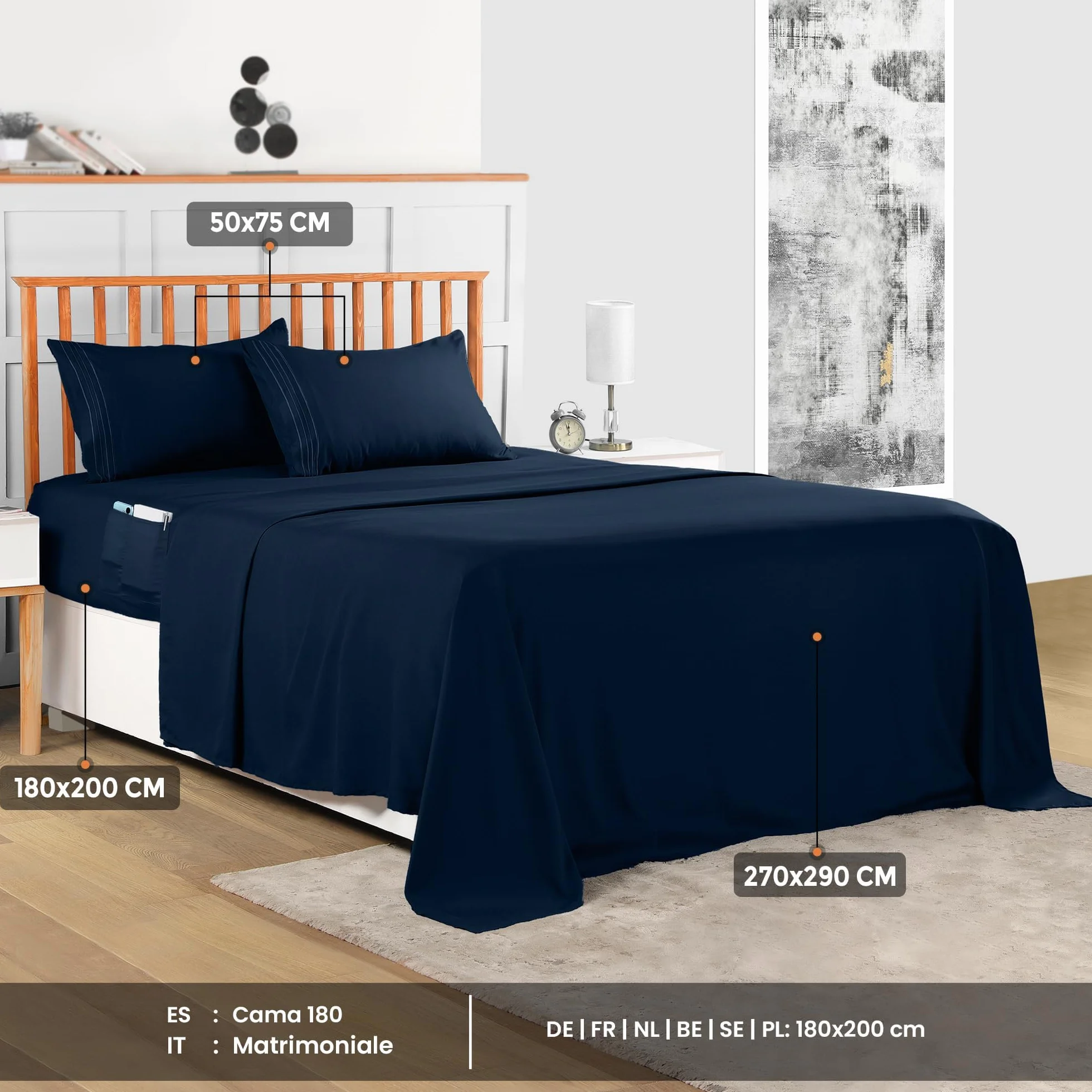 Utopia Bedding 4-Częściowy Haftowanych Zestaw Prześcieradeł 180x200 cm - Poliester Mikrofibra, Prześcieradło Dopasowane, Płaskie Prześcieradło I 2 Haftowane Poszewki Na Poduszki, Granatowy