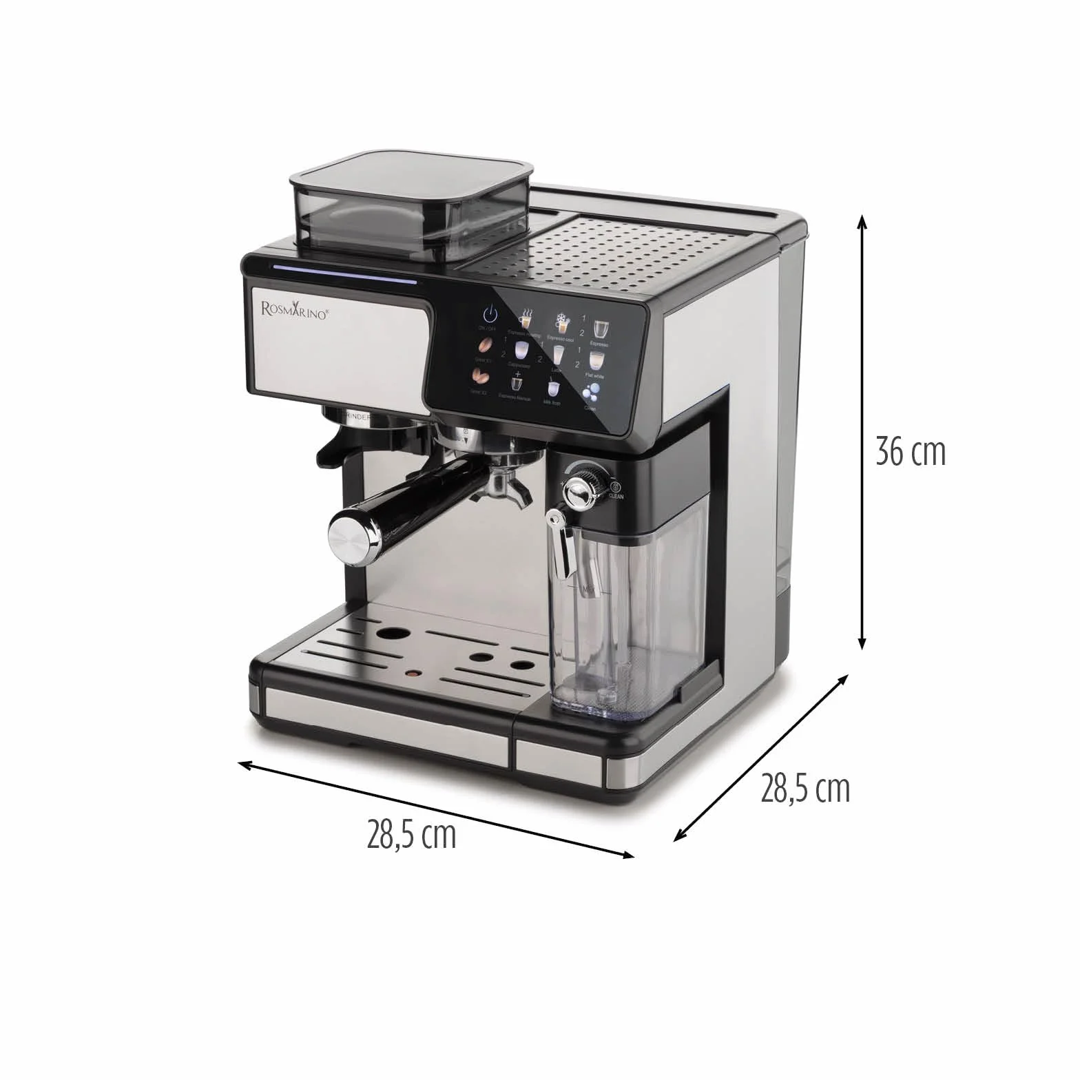 ROSMARINO W pełni automatyczny ekspres do kawy z młynkiem, pompa 20 bar, automatyczny spieniacz do mleka, Touch Control, zbiornik na wodę 2,6 l, espresso Cappuccino Latte, samoczyszczący, czarny