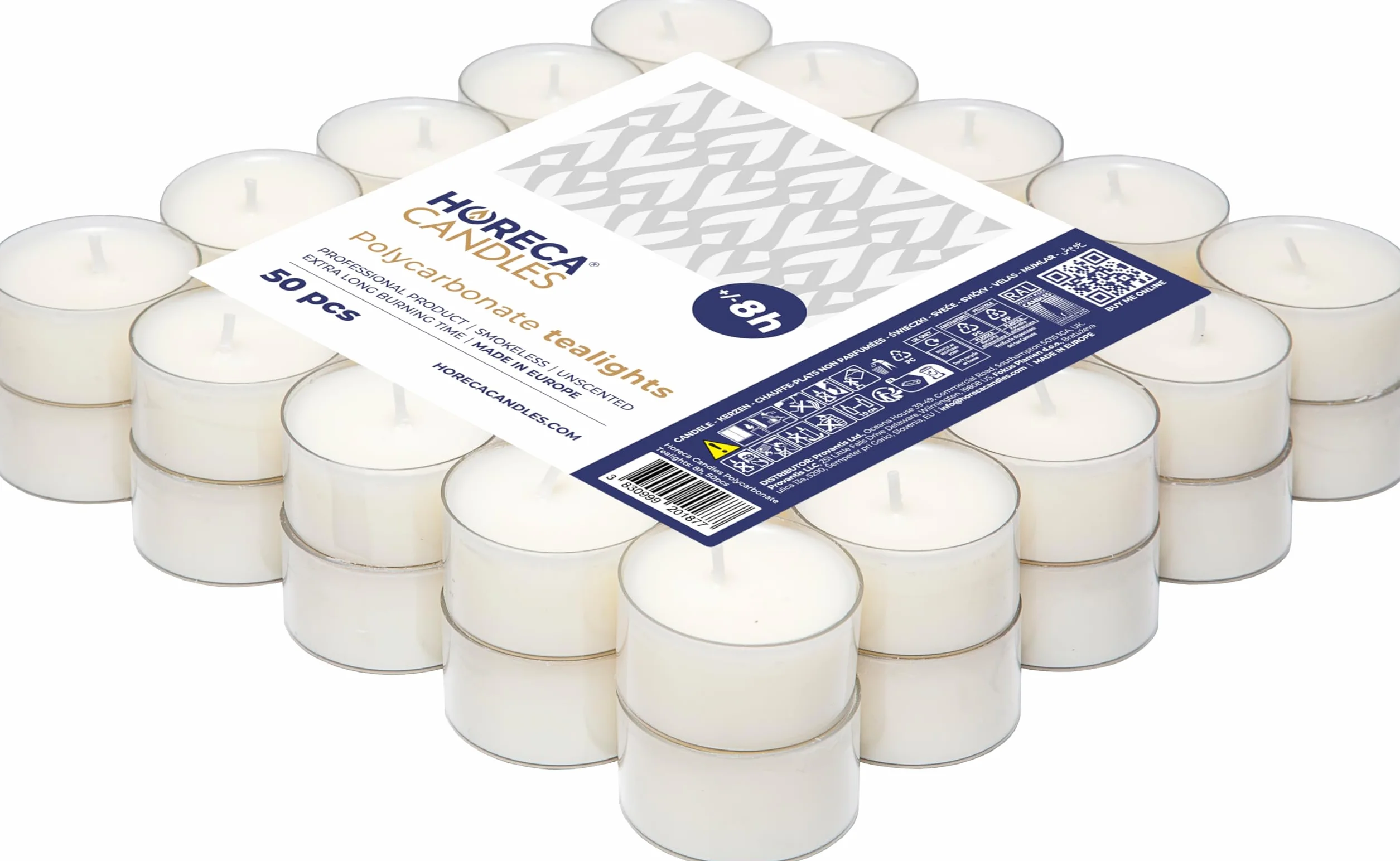 Horeca Candles Świece tealight w przezroczystym kubku, 50 sztuk, czas palenia 8 godzin, biały wosk, bezdymne, bezkapiące, bezzapachowe świece tealight luzem