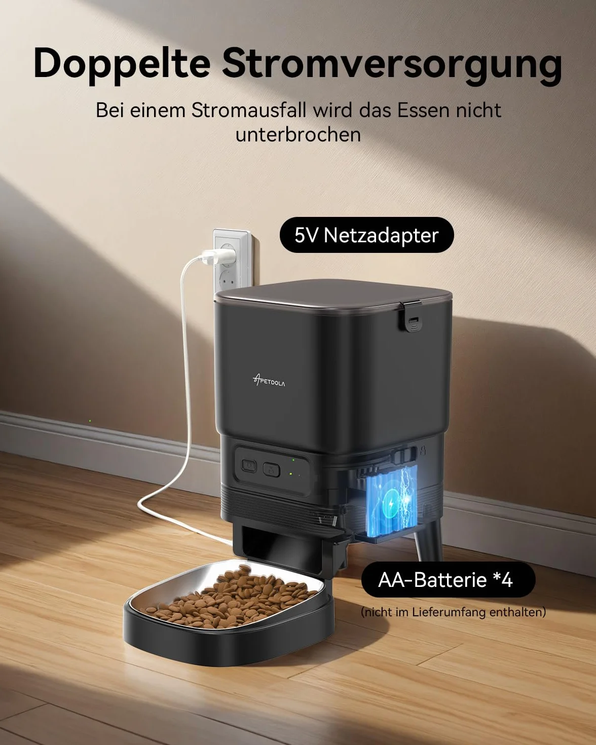 APETDOLA Karma dla kotów, 2,4 G, WiFi, ze sterowaniem aplikacją, 4 l, automatyczny dozownik karmy z baterią, nagrywanie głosu 10 s, 1-10 posiłków dla kotów i psów, kolor czarny, 2,4 G