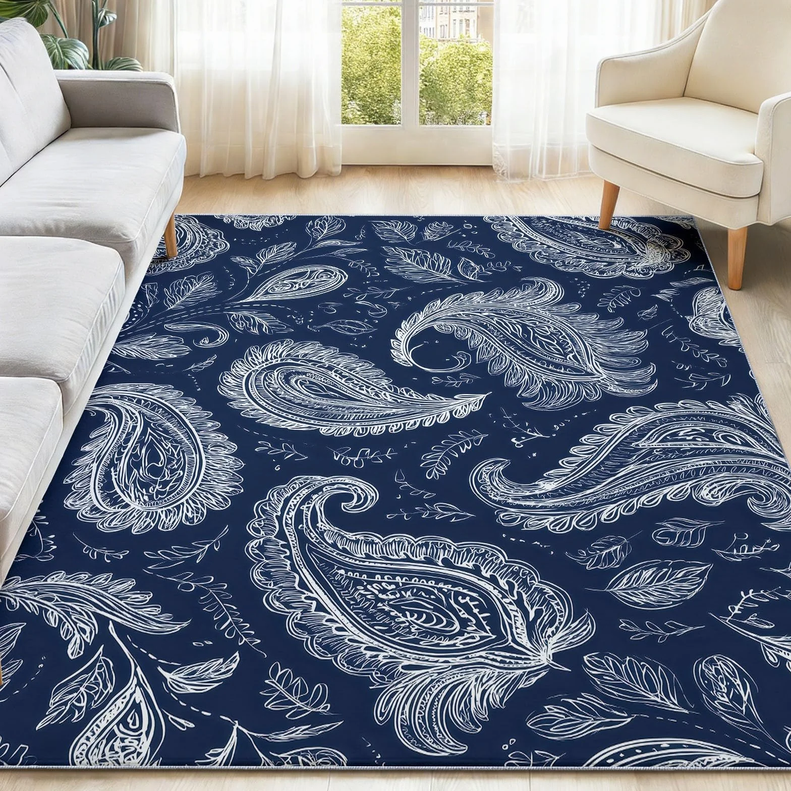 Dywan do salonu, można prać w pralce, 160 x 230 cm, dywan Paisley, antypoślizgowy, białe liście kwiatów nerkowca, niskie runo, nie gubi włosia, nadruk, do jadalni, domu, biura, sypialni