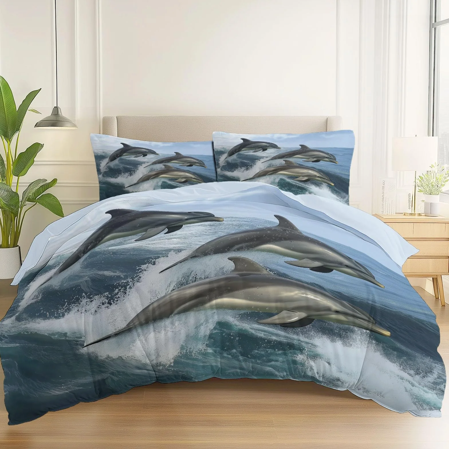 Poszwa na kołdrę ze zwierzęciem Delfin Elegancki nadruk z nadrukiem, jasnoniebieski zestaw pościeli z mikrofibry z 2 poszewkami na poduszki, poszwa na kołdrę 240x260 cm dla dzieci młodzież i dorośli