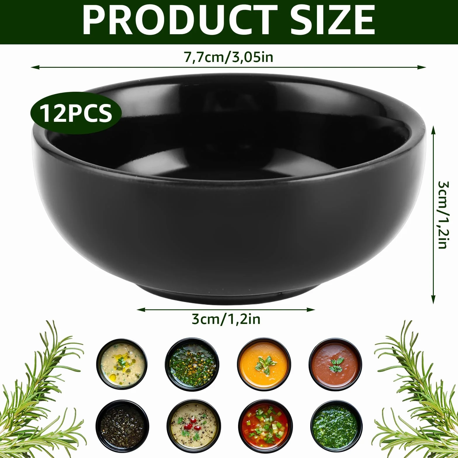YAYODS 12 małych miseczek do dipów, ceramicznych miseczek Ø 7,7 cm, czarne, miseczki do dipów, do sushi, sosu sojowego, małe miski jako miseczki na sosy, przekąski, miseczki deserowe, porcelana