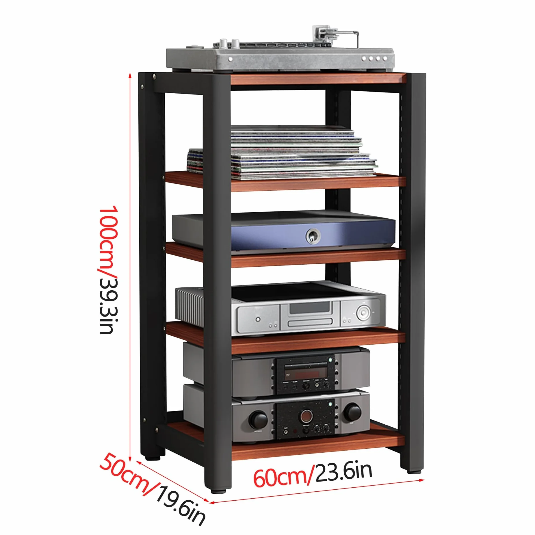 Stojak audio HiFi 2/3/4/5-poziomowa szafka do przechowywania gramofonów, płyt winylowych i odtwarzaczy Blu-ray, konsola multimedialna do przetwornika cyfrowo-analogowego i wzmacniaczy (czarna, 60 x 50