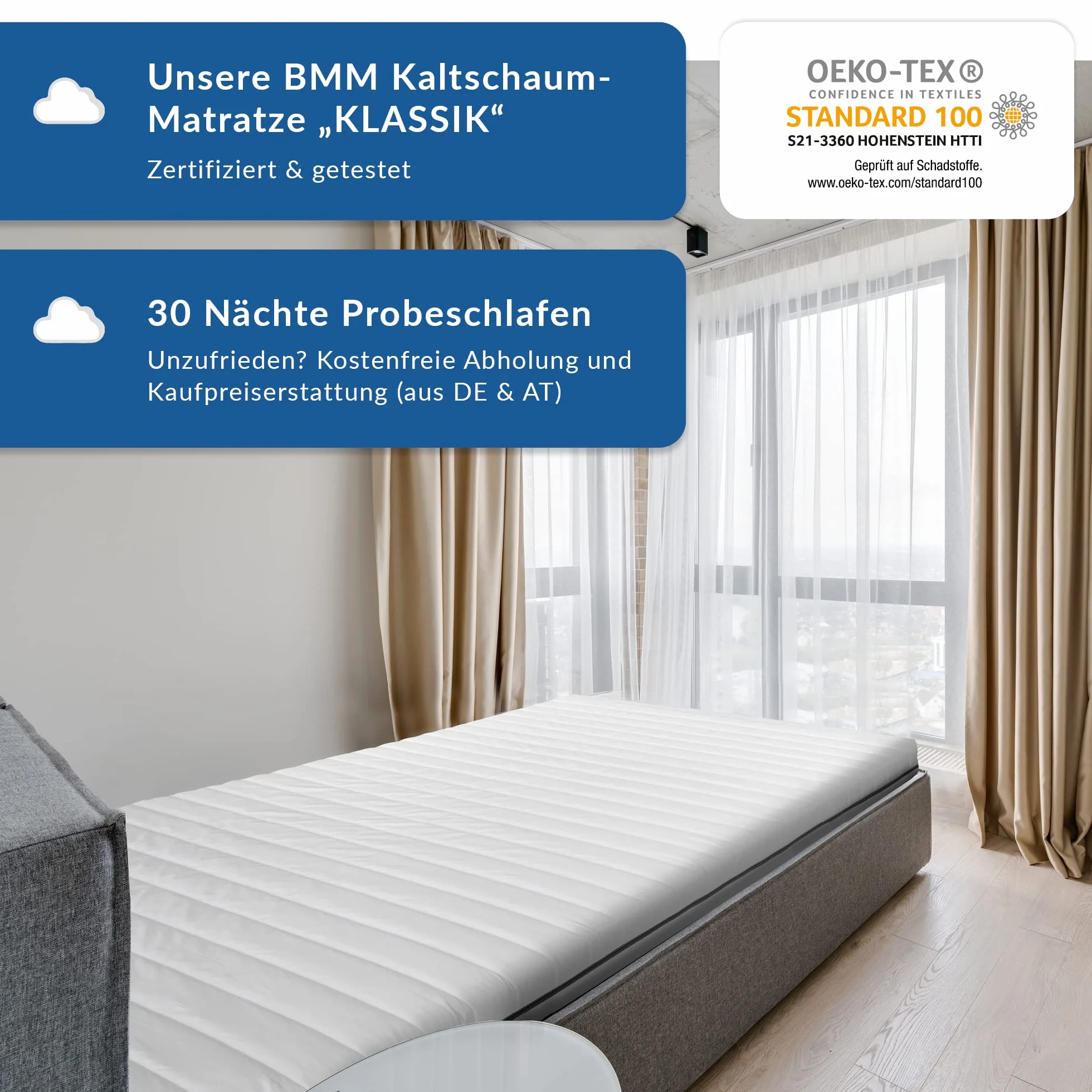 BMM Materac 90 x 200 cm, klasyczny rozmiar XXL, stopień twardości H4, bardzo twardy, z certyfikatem Öko-Tex, ergonomiczny, 7-strefowy materac, wysokość 12 cm, wyprodukowany w Niemczech