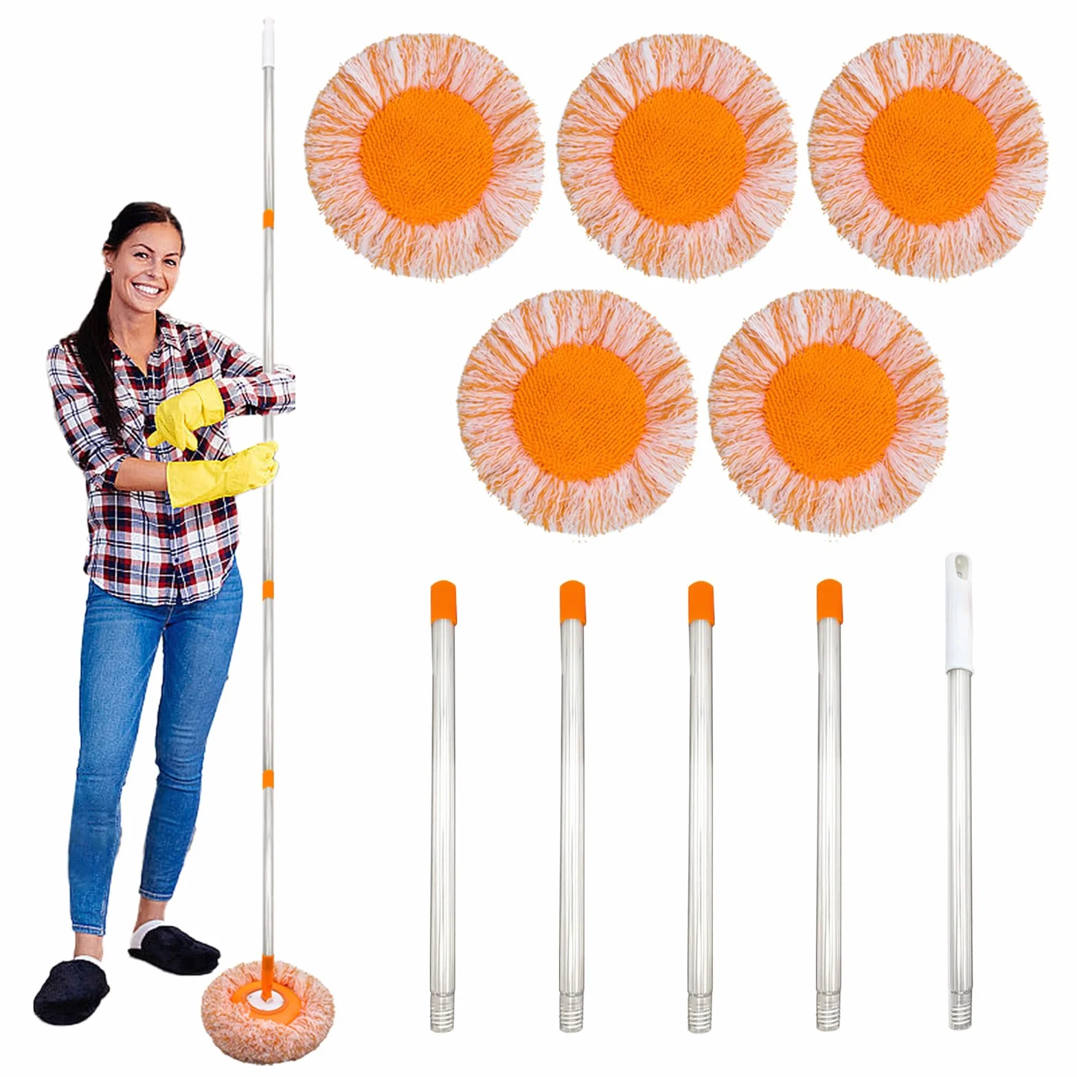 Obrotowy, regulowany mop czyszczący o 360 cm, z 5 głowicami do mopa, 188 cm, z długim uchwytem, obecny mop do czyszczenia ścian z mikrofibry, mop spinningowy do sufitów podłogowych, listwy