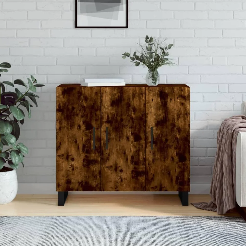 Générique Nowoczesny bufet wędzony dąb 90x34x80 cm, Meble do salonu z drewna konstrukcyjnego z metalowymi nogami, duża przestrzeń do przechowywania i praktyczne drzwi