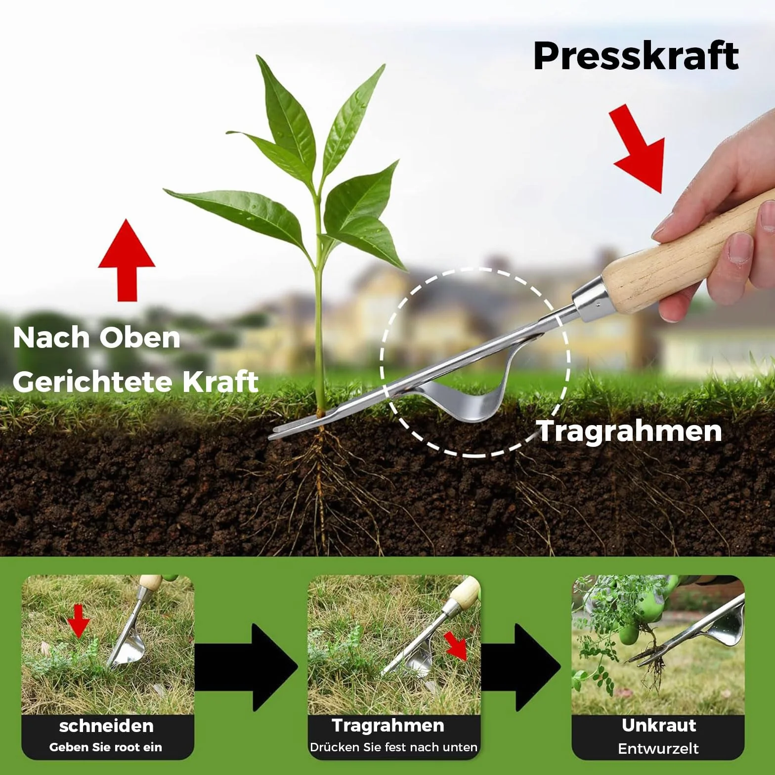 MOGADEE® nożyce do chwastów ze stali nierdzewnej 2 sztuki, z funkcją sadzenia, wielofunkcyjny ręczny chwastownik z drewnianą rączką, urządzenie do usuwania chwastów, do kopania, pielenia