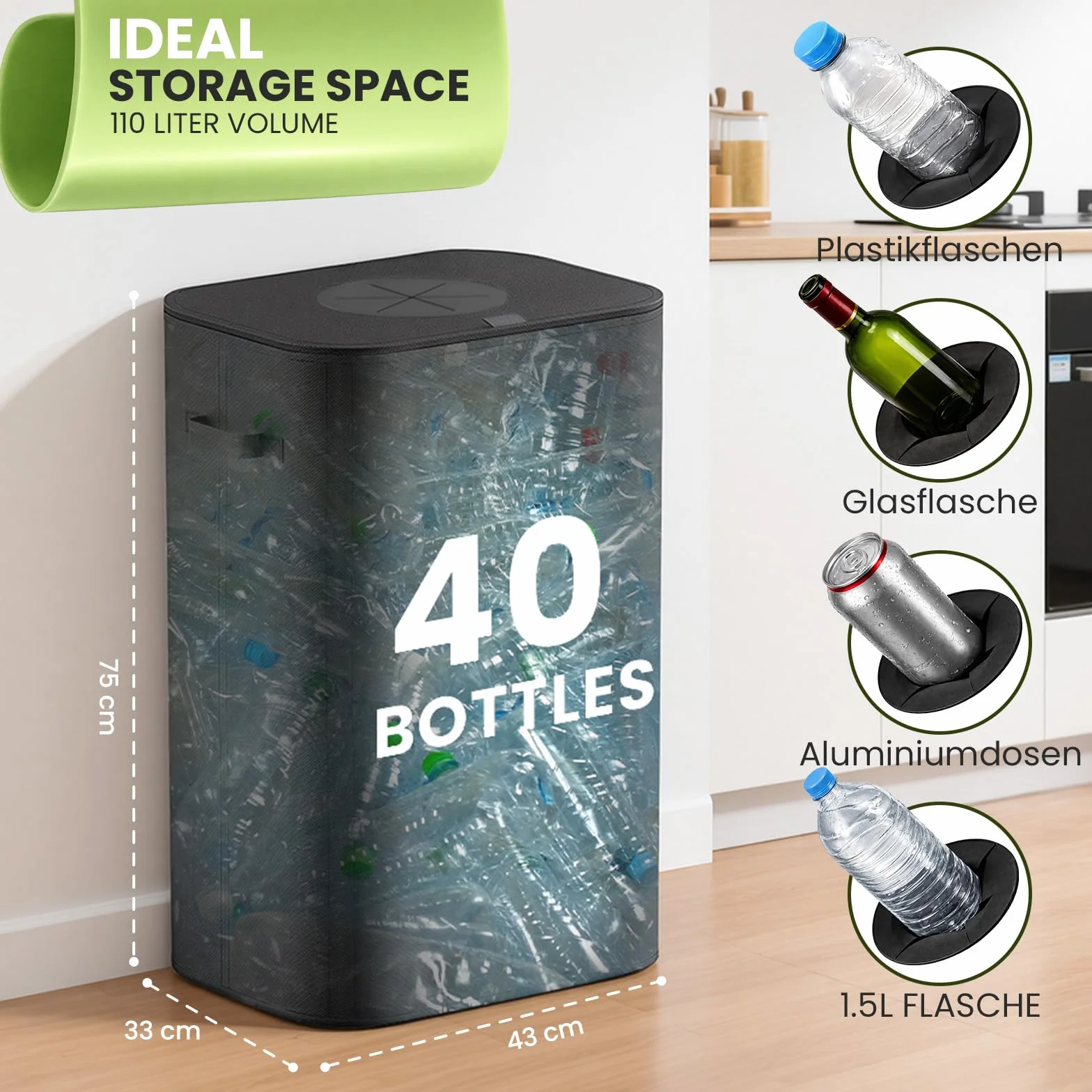 AIUNAOM 110L Duży Pojemnik na butelki z workiem do recyklingu,kosz na śmieci kuchni,pojemniki segregacji odpadów z otworem,Recyklingu Pojemnik na Odpady do domu,biura