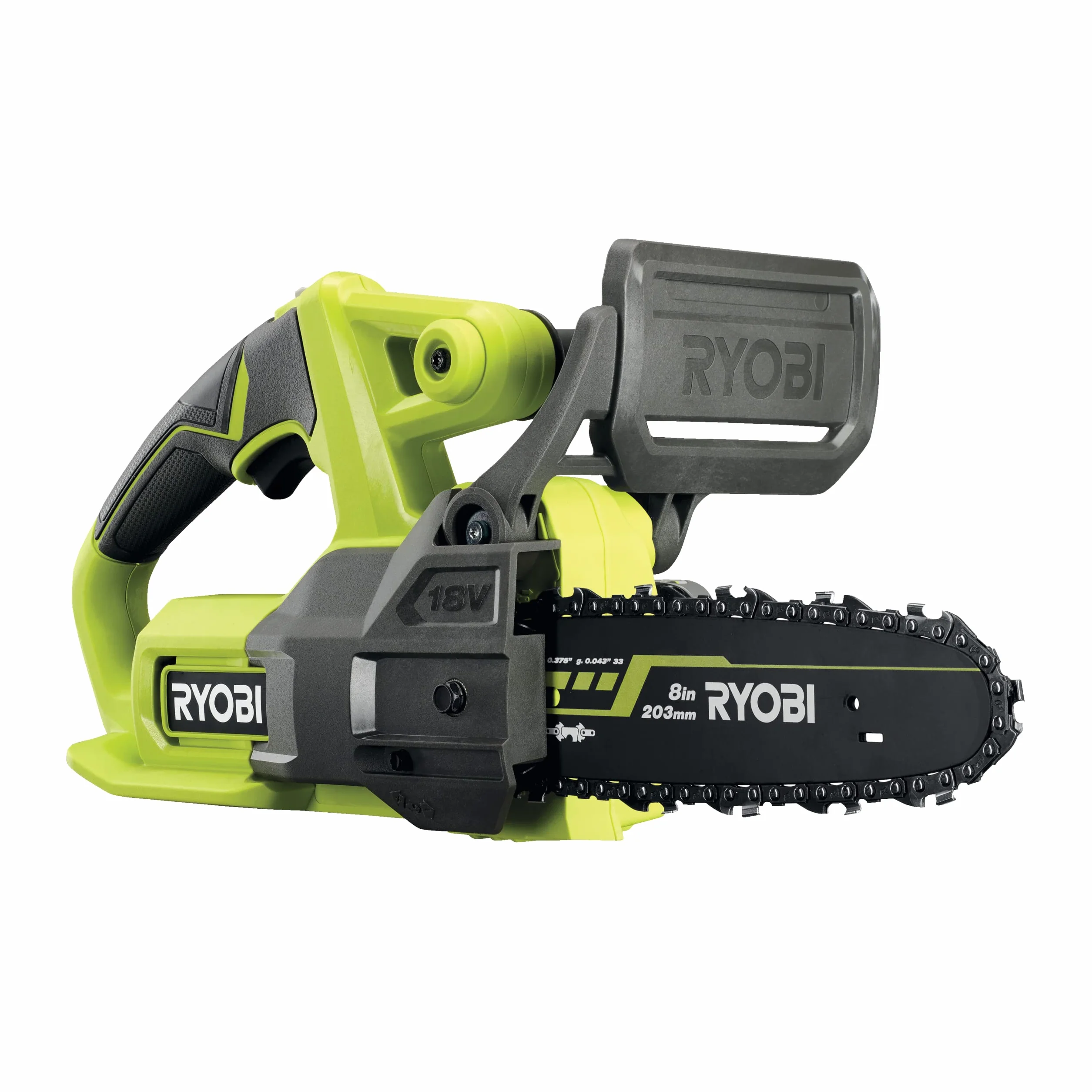 Ryobi Kompaktowa Piła Łańcuchowa 18V RY18CS20A-0, Prowadnica 20 cm, Prędkość 4.6 m/s, Wydajność Cięcia 15 cm, Ręczne Napinanie Łańcucha, Wersja bez Akumulatora i Ładowarki