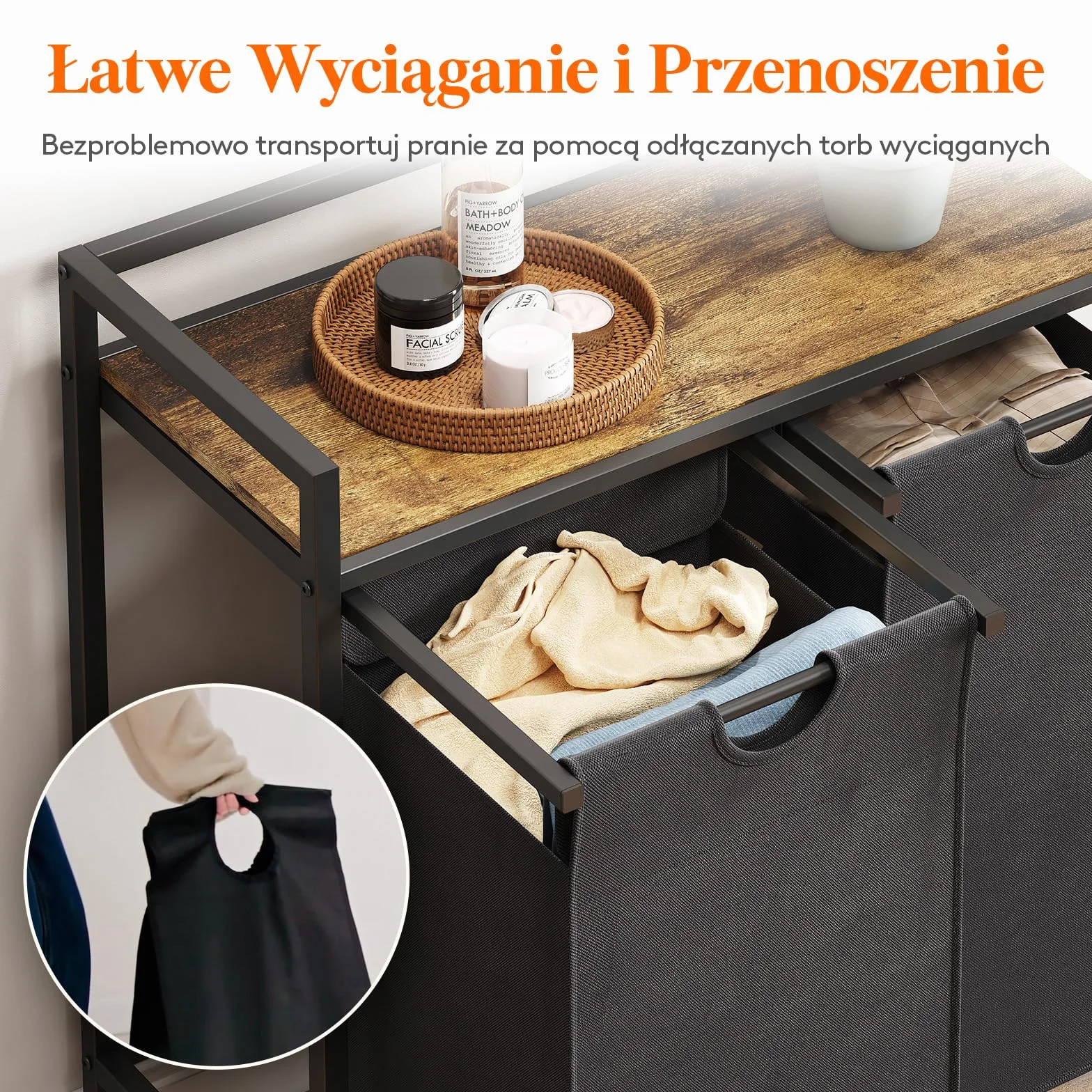 Lifewit Kosz na pranie z kółkami, 2-sekcyjny wysuwany kosz na pranie o pojemności 95 l z dużą górną półką i 2 wyjmowanymi torbami i uchwytami, sortownik koszy na pranie do pralni, sypialni, czarny