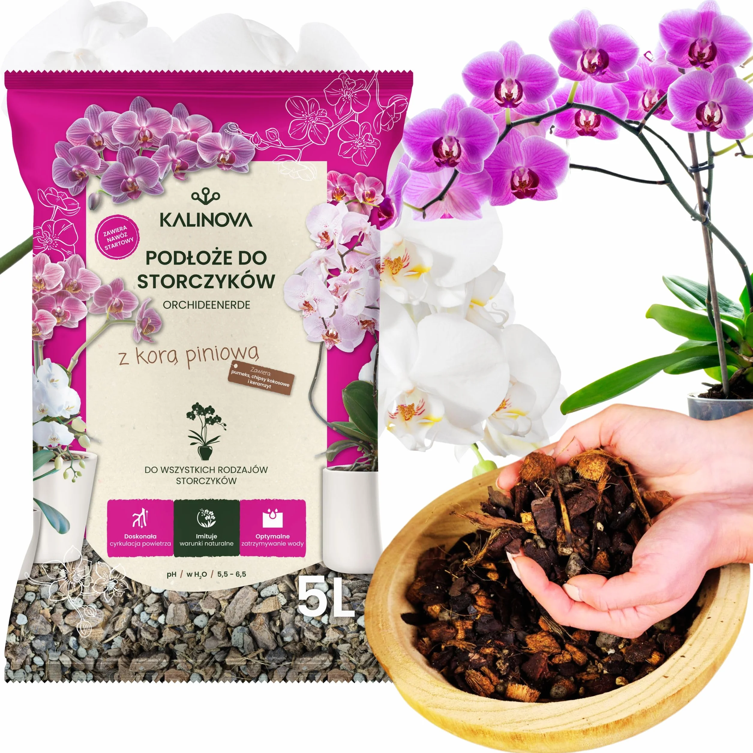 KALINOVA Podłoże do storczyków 5L – kora piniowa, kokos, keramzyt, idealne dla orchidei