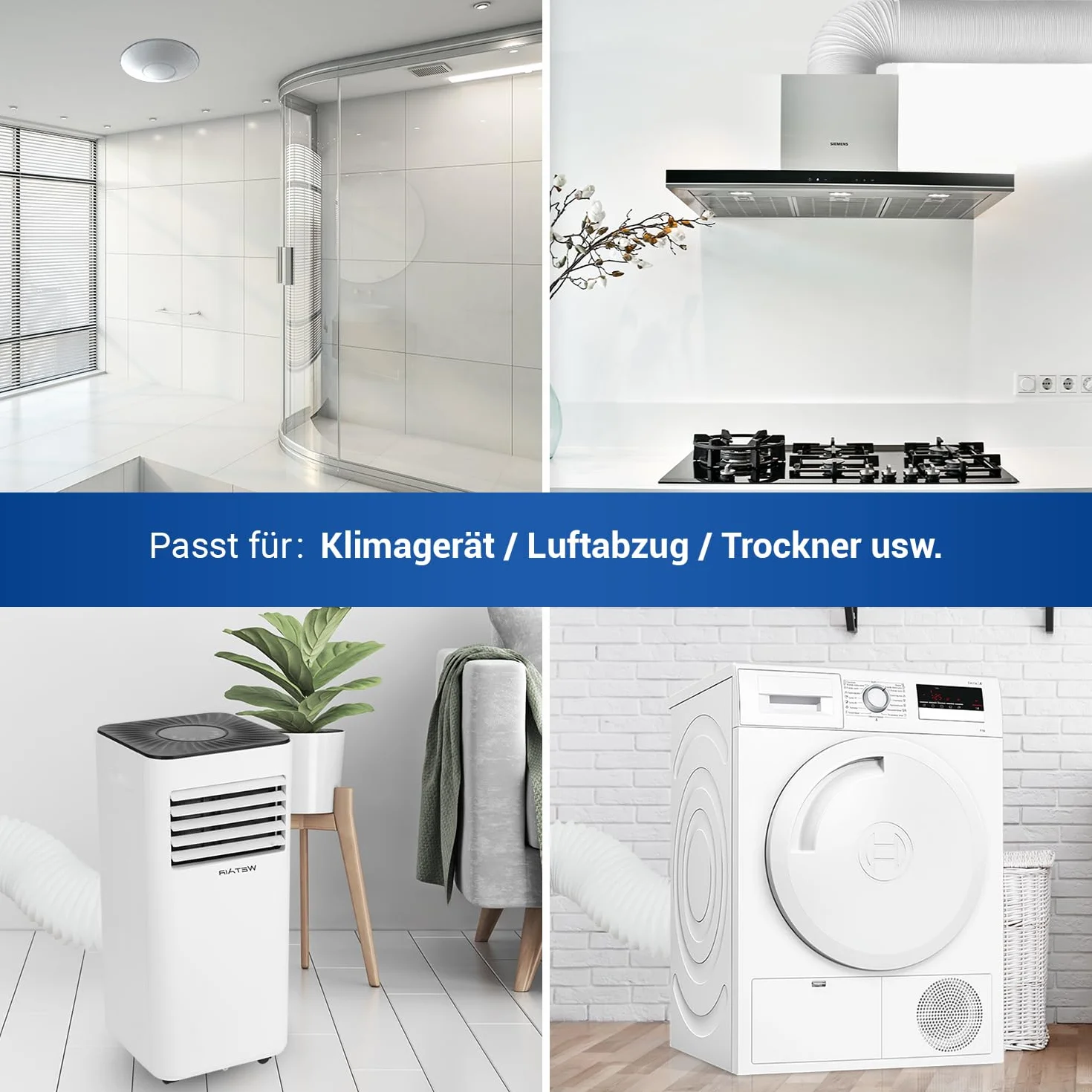 VIOKS Zestaw wąż powietrza wylotowego do klimatyzatora, 5 m, biały, 150 mm, Ø z PCW + obejma 140-160 mm, Ø W2, stal chromowana, wąż do klimatyzatora, okap kuchenny, wąż elastyczny 150 mm