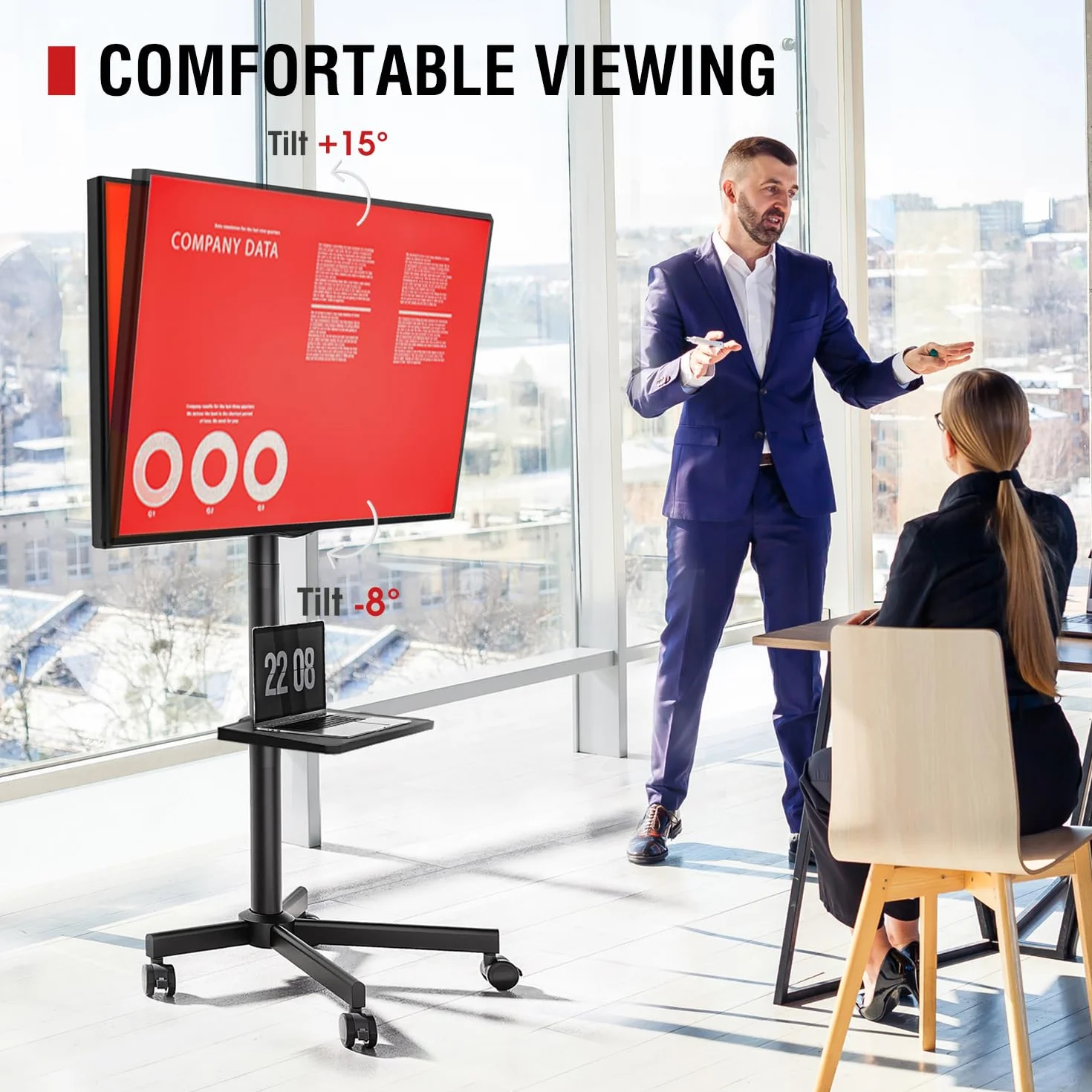 AOKCOS Stojak na telewizor na kółkach – mobilny stojak na telewizor na kółkach do płaskich / zakrzywionych telewizorów 81.3–165.1 cm z regulacją wysokości, przenośny wózek na telewizor o wadze do 40