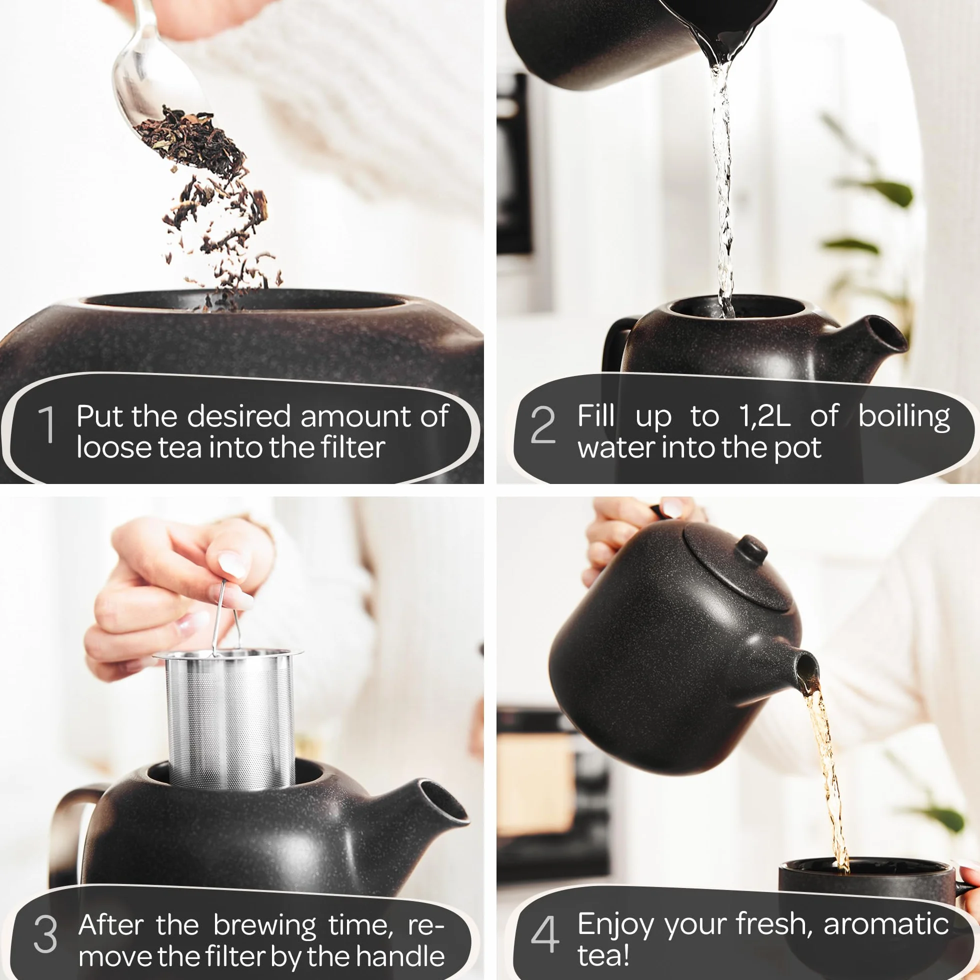 STEINZEIT Designerski dzbanek do herbaty z podgrzewaczem (1,3 l) – z sitkiem ze stali nierdzewnej 304 – ceramiczny z unikalną glazurą wyjmowany z sitkiem, czarny