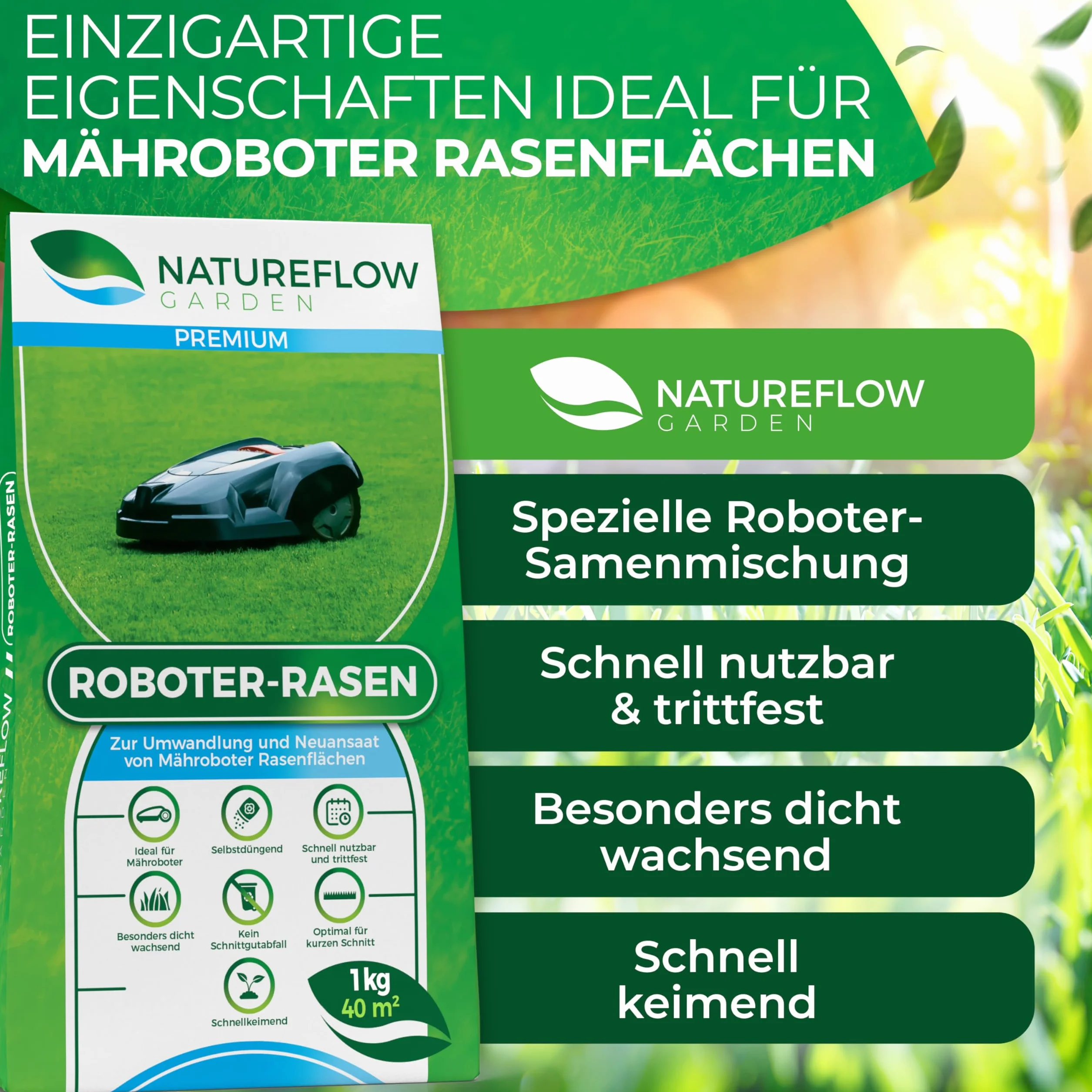 Nasiona trawy automatycznej szybko kiełkujące, 1 kg, test bardzo dobry, wyprodukowano w Niemczech, do łatwego w pielęgnacji ogrodu z nasionami trawników Natureflow