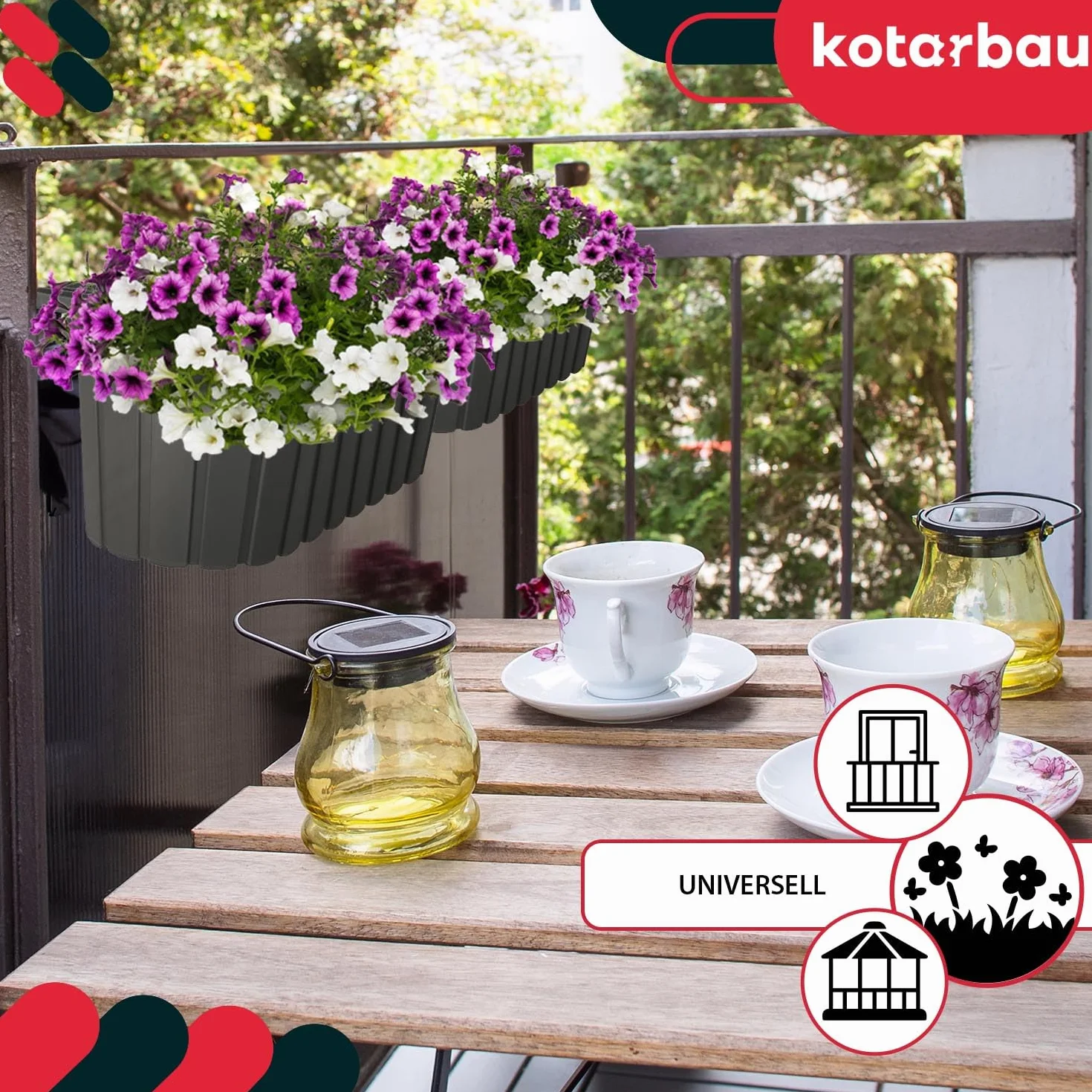 KOTARBAU® Doniczka Balkonowa na Balustradę - 40 x 15 x 15 cm - Skrzynka Plastikowa na Balkon - Owalna - Rustykalna - Szara - Zestaw 2 SZT