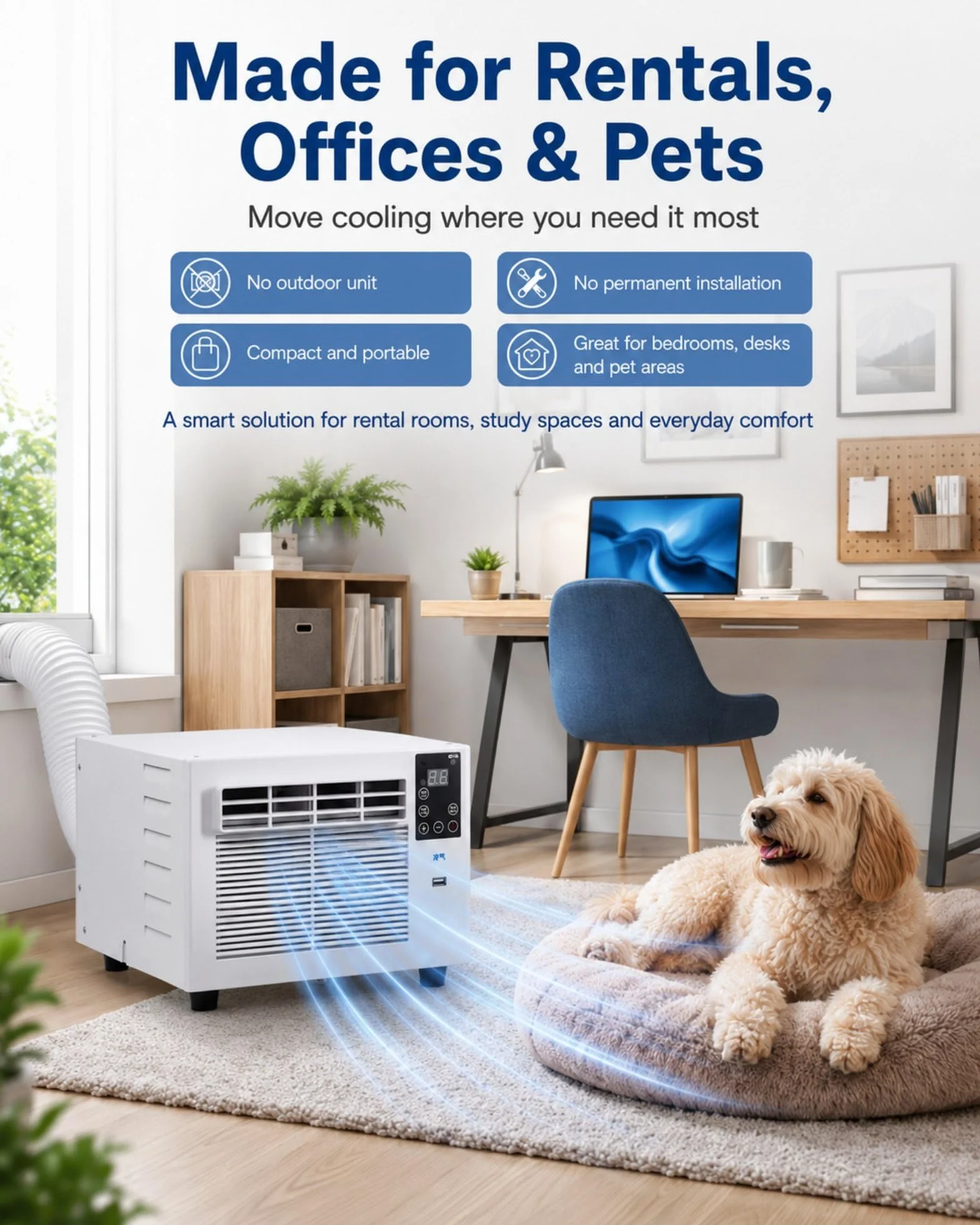 Mobilny klimatyzator 750 W na 4 m² z wężem wylotowym, do sypialni, biura, mieszkania studenckiego | 24-35 dB, timer 1-12 h, pilot zdalnego sterowania, chłodzenie i wietrzenie
