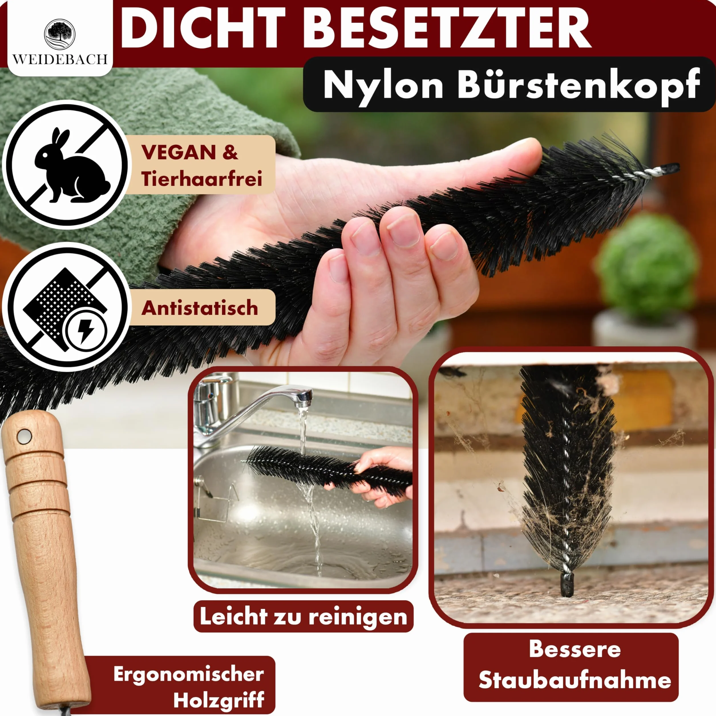 WEIDEBACH 2 x szczotki do grzejników o łącznej długości 125 cm z 1 x | mikrofibry (szczotka 110 cm) i 1 x nylonu (szczotka 75 cm), V. 3.0 szczotki do czyszczenia grzejników odporne na sierść