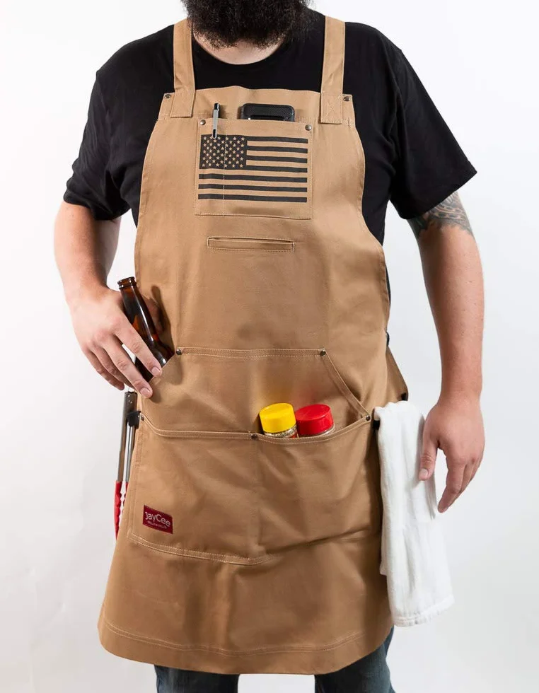 JayCee Fartuch do BBQ, grilla, gotowania, hobby i warsztatu, 5 kieszeni, krzyżowe plecy, 2 szlufki na narzędzia/ręczniki, 284 g bawełny, wspaniały prezent