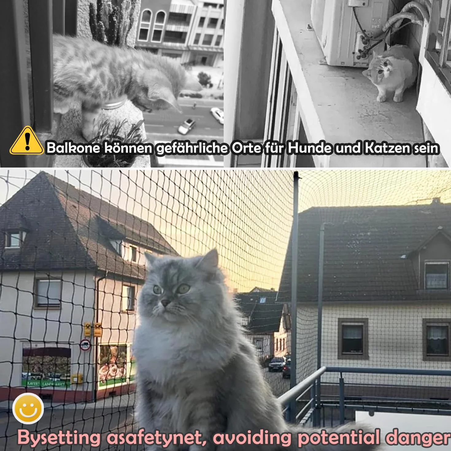 Siatka dla kota na balkon, 6 x 3 m, wzmocniona drutem, z linką mocującą 15 m i akcesoriami, mocna, trwała, odporna na promieniowanie UV, odporna na warunki atmosferyczne, nadaje się na balkon,