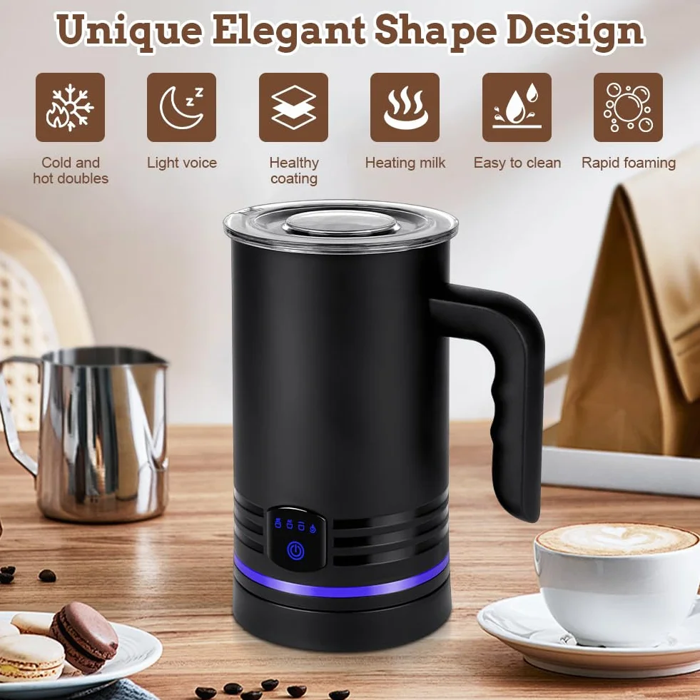 HOTUT Elektryczny spieniacz do mleka, automatyczny spieniacz do mleka 4 w 1, cichy spieniacz do mleka 430 ml, stal nierdzewna 400 W, do kawy, latte, cappuccino, mleka czekoladowego