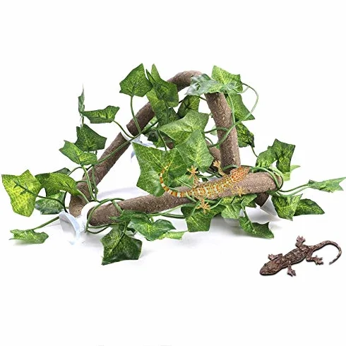 Gałąź wspinaczkowa dla gadów Rattanowa dekoracja terrarium z przyssawkami i realistycznym liściem dla jaszczurki kameleona Gecko