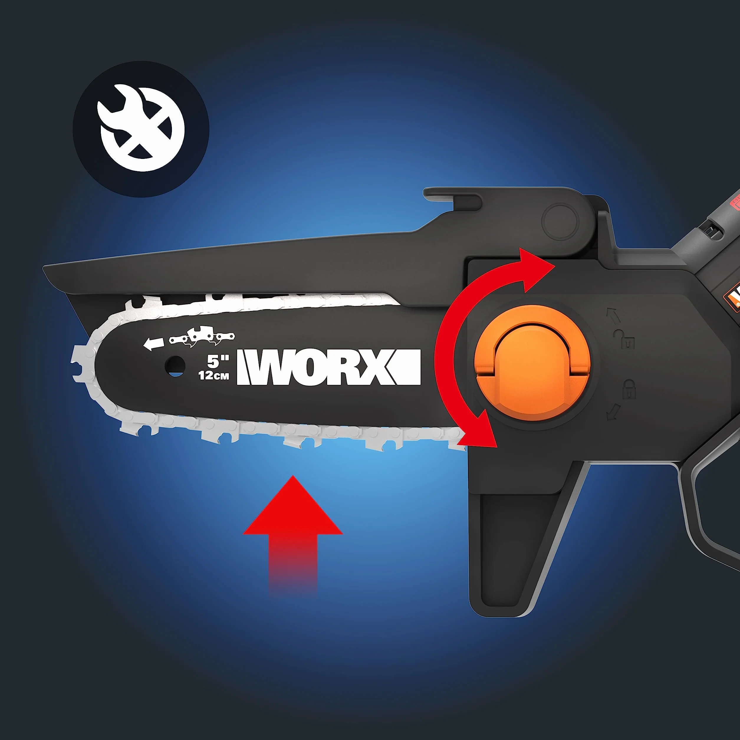 WORX WG325E.9 Nitro Mini piła łańcuchowa 20 V – jednoręczna piła łańcuchowa – wydajny silnik bezszczotkowy – długość miecza 12 cm – lekka i kompaktowa – automatyczne smarowanie łańcucha – bez akumulatora i ładowarki