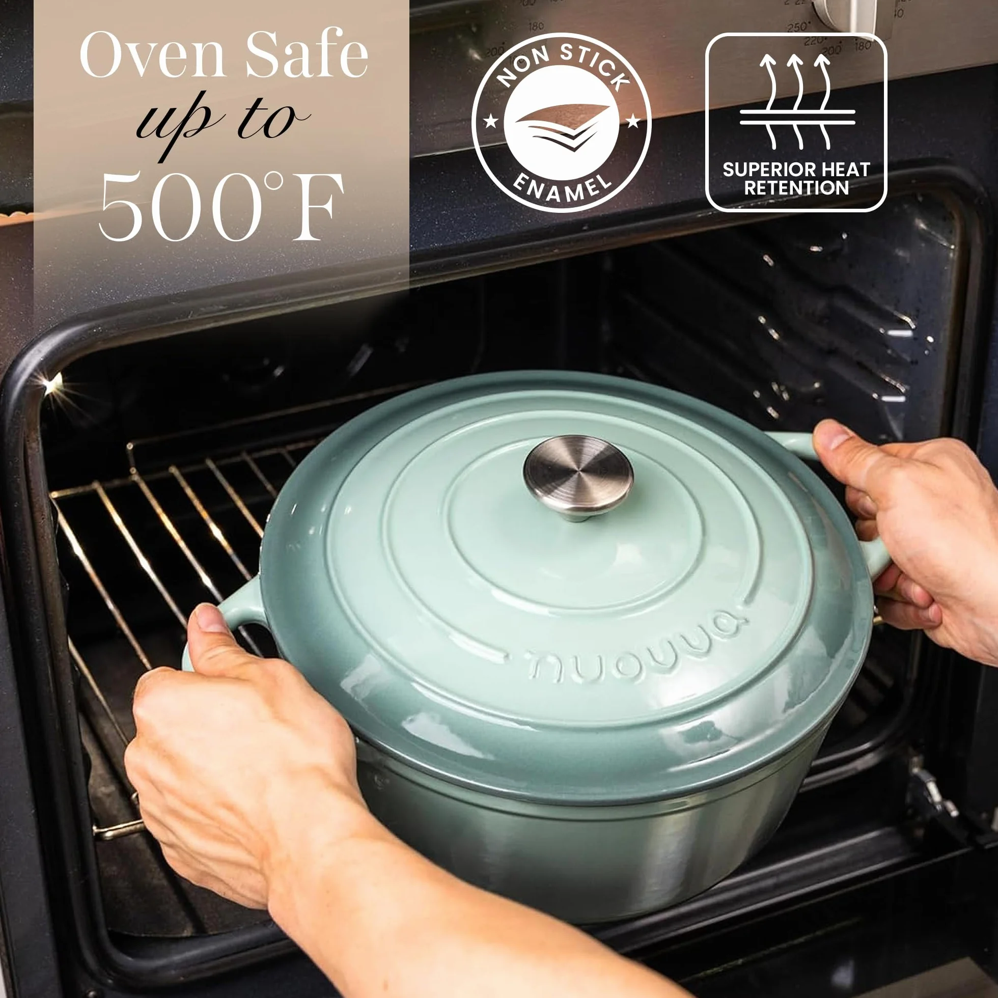 Garnki z Żeliwa z Pokrywką – Emaliowane, Nieprzywierające, Odporny na Piekarnik do 500° F – Solidne Garnki Holenderskie – Sól morska, 6.4 Quart, 28cm – od Nuovva