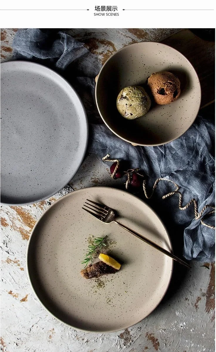 Talerze do makaronu, gliniane talerze deserowe, zastawa stołowa japońska zastawa stołowa restauracja hotel matowy szary okrągły talerz na warzywa vintage ceramiczny płytki talerz duże