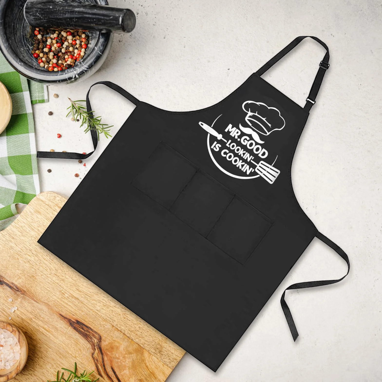HENGBIRD Fartuch do grillowania dla mężczyzn, fartuch kucharski z 3 kieszeniami, regulowany fartuch kuchenny, wodoszczelny, czarny, dla mężczyzn, zabawny prezent dla taty, dziadka, urodziny, prezent