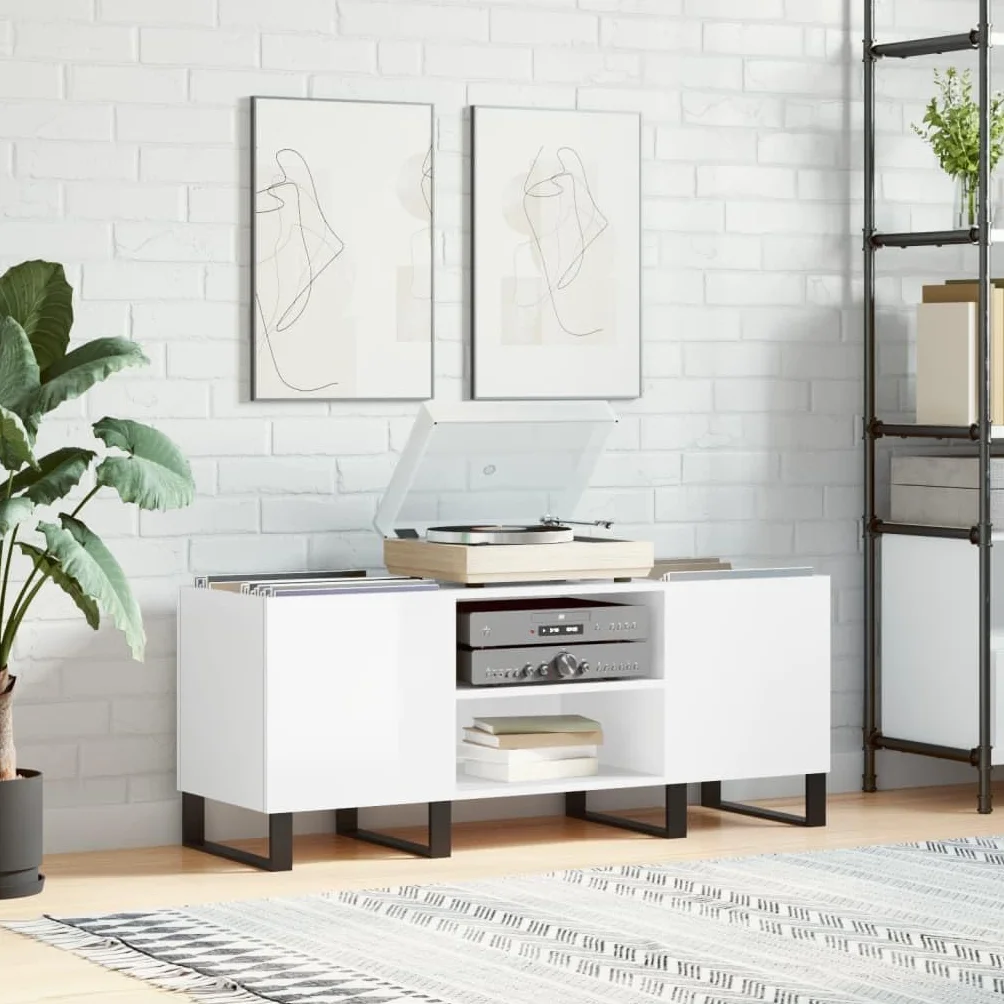 Generic Szafka na Płyty Winylowe i Stojak na Gramofon do Salonu Stół z Odtwarzaczem Muzyki Przemysłowej z żelaznymi Nóżkami i Półkami 121 X 38 X 48 Cm Dąb Wędzony (Biały o wysokim połysku)