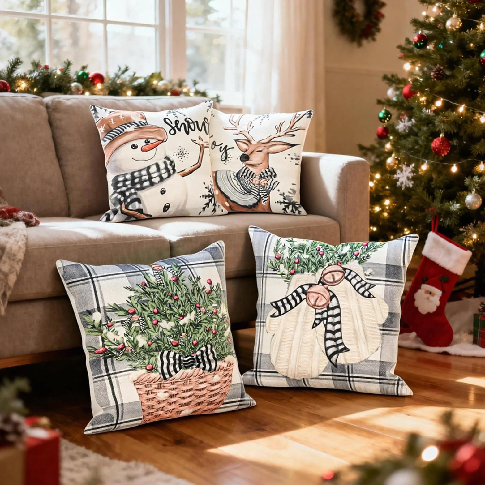 Christmas poszewka na poduszkę 40 x 40, 4 sztuki, lniana poduszka bożonarodzeniowa, dekoracja bożonarodzeniowa, kolor biały i szary, dekoracja renifera, do salonu, na kanapę, dekoracja