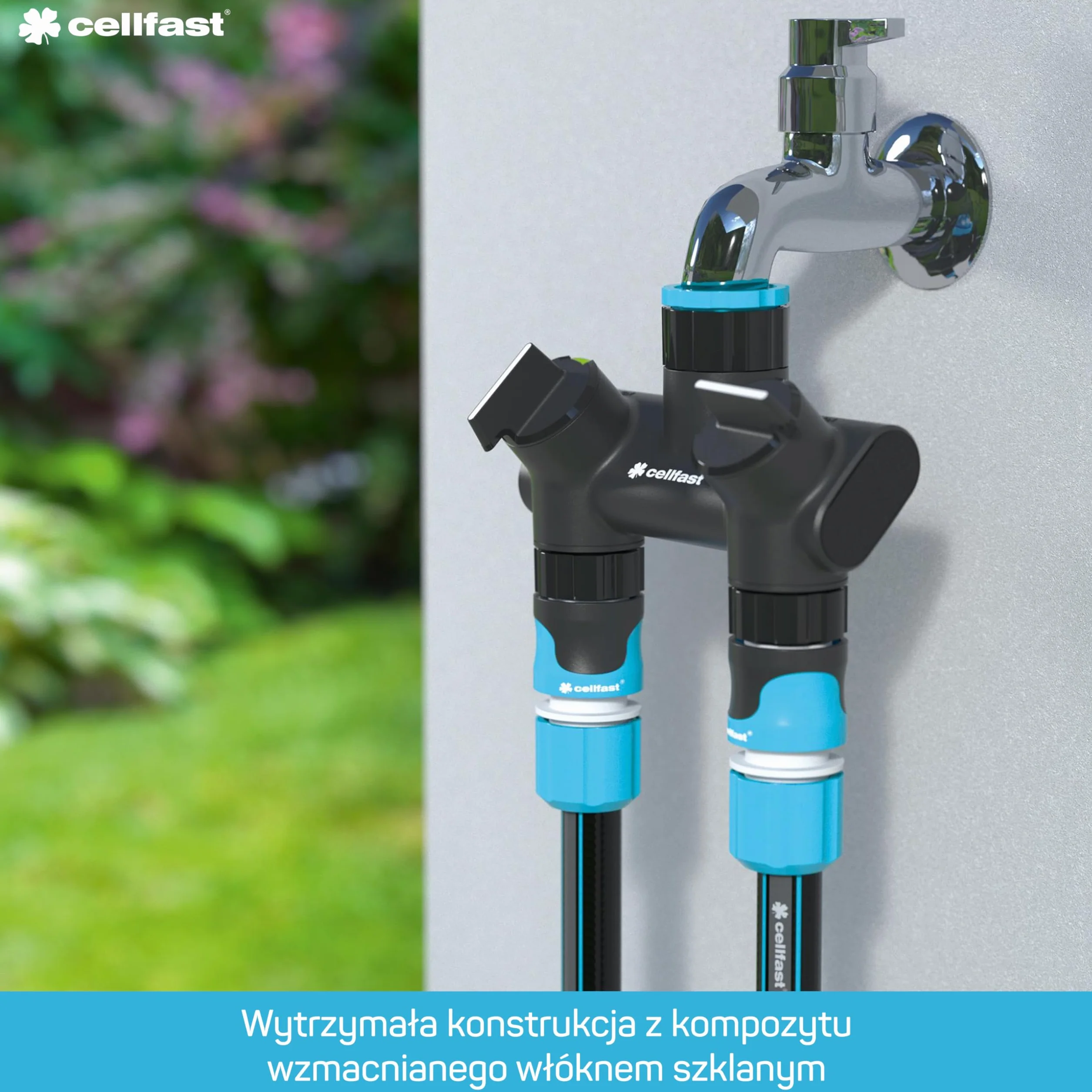 CELLFAST Rozdzielacz Podwójny Szeroki Rozstaw Przyłączy Płynna Regulacja Włókno Szklane Łącznik Kran G1/2" G3/4" G1"